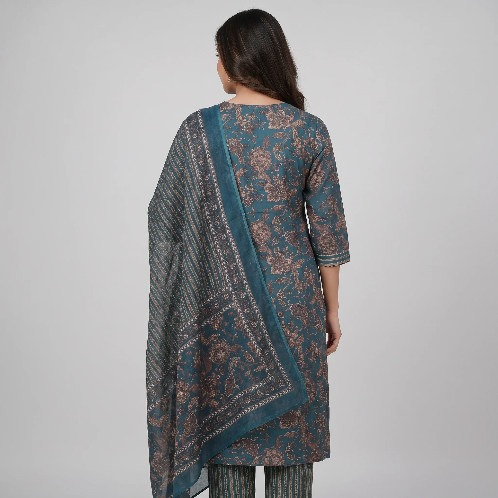 Cotton Printed V-Neck Kurta and Pant with Dupatta Set - Image 3