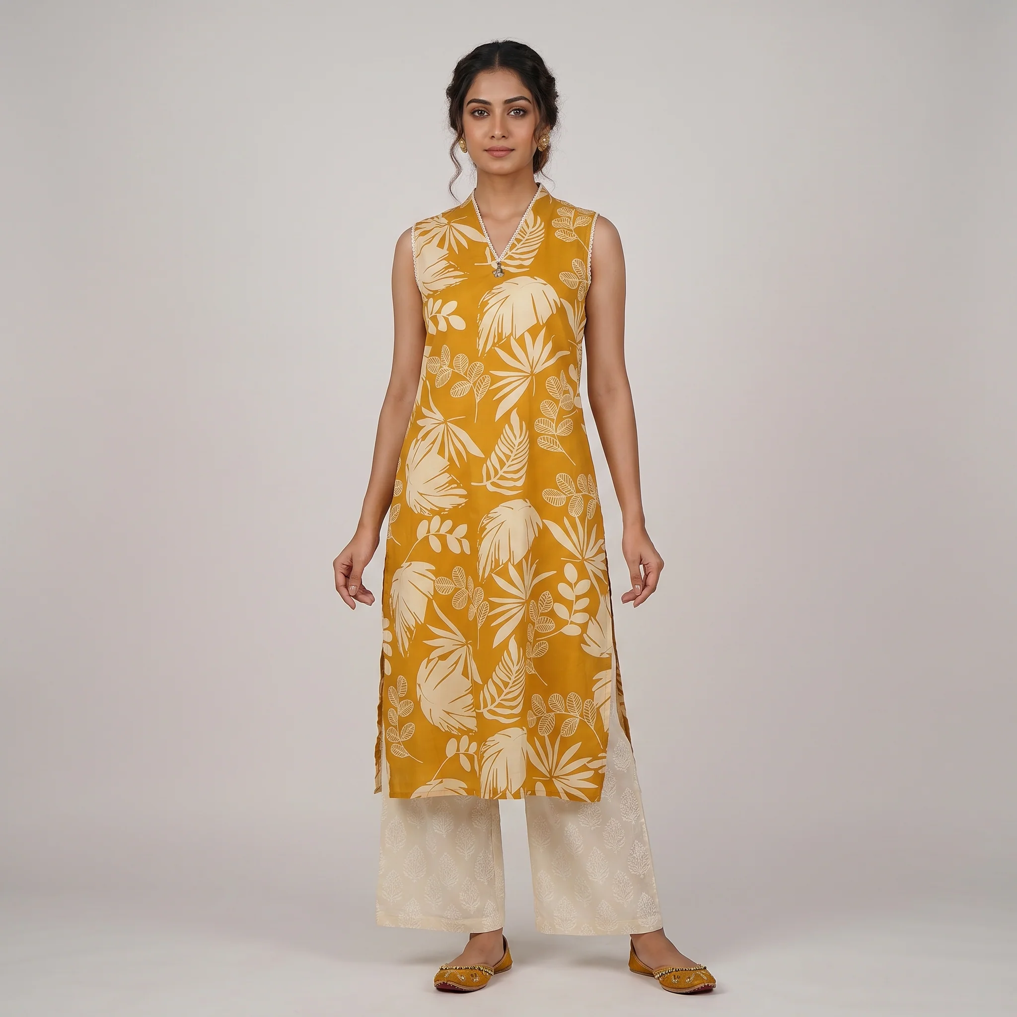 Cotton Printed V-Neck Kurta