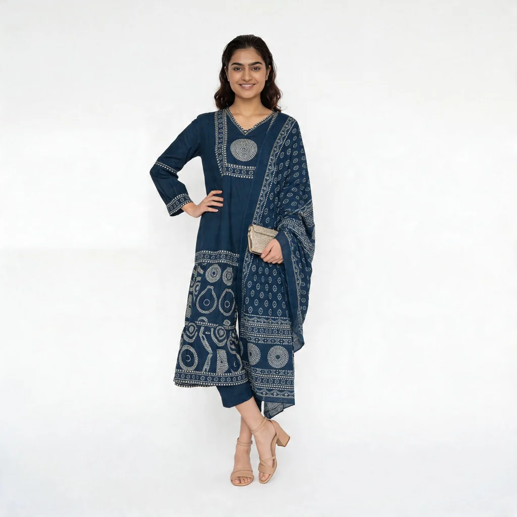 Cotton Printed V-Neck Tired Kurta with Pant and Dupatta Set