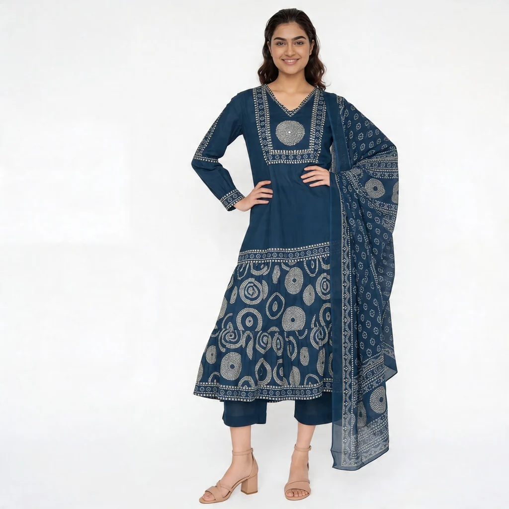Cotton Printed V-Neck Tired Kurta with Pant and Dupatta Set - Image 2