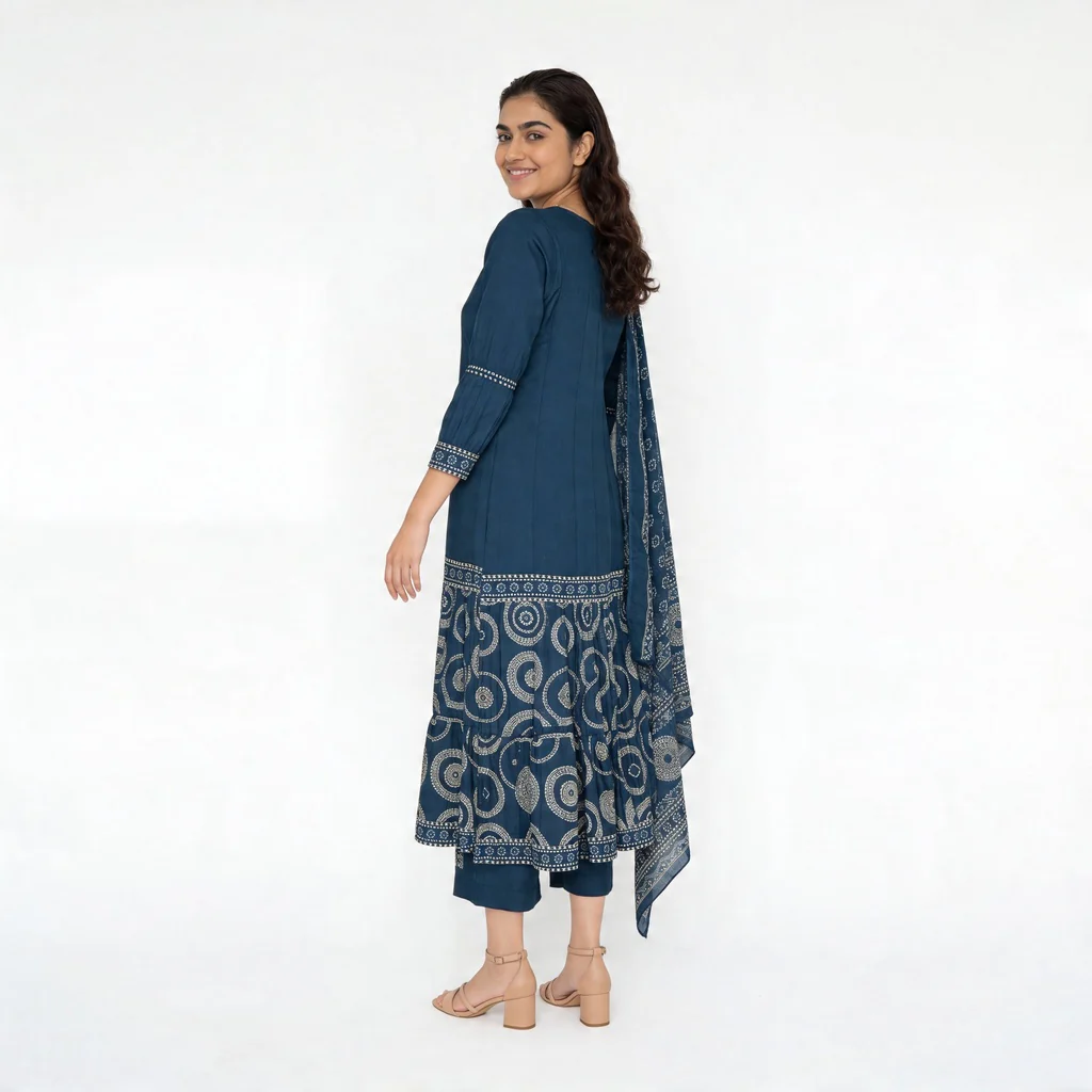 Cotton Printed V-Neck Tired Kurta with Pant and Dupatta Set - Image 3