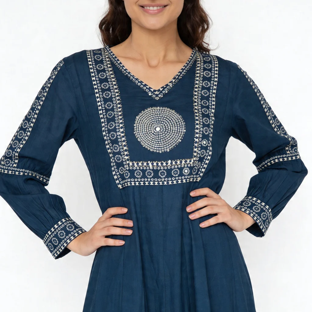 Cotton Printed V-Neck Tired Kurta with Pant and Dupatta Set - Image 4