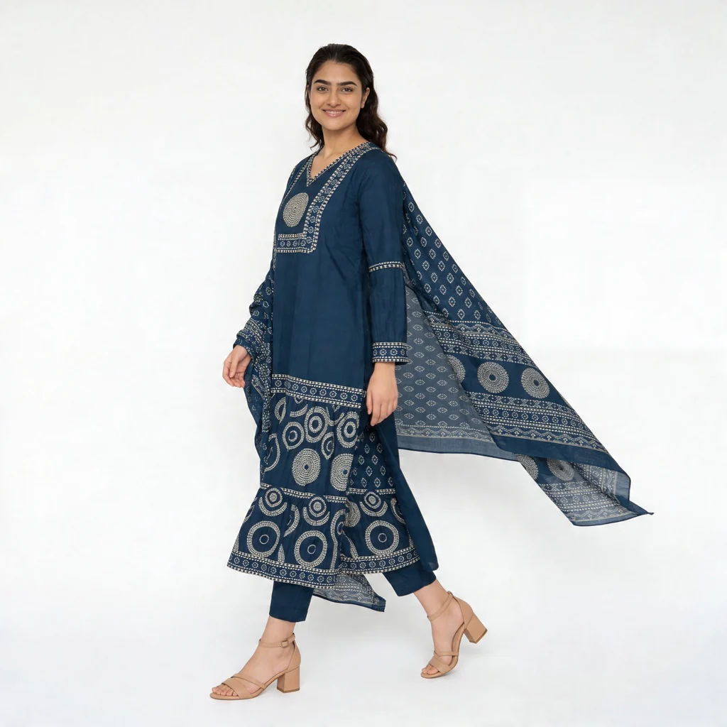 Cotton Printed V-Neck Tired Kurta with Pant and Dupatta Set - Image 5