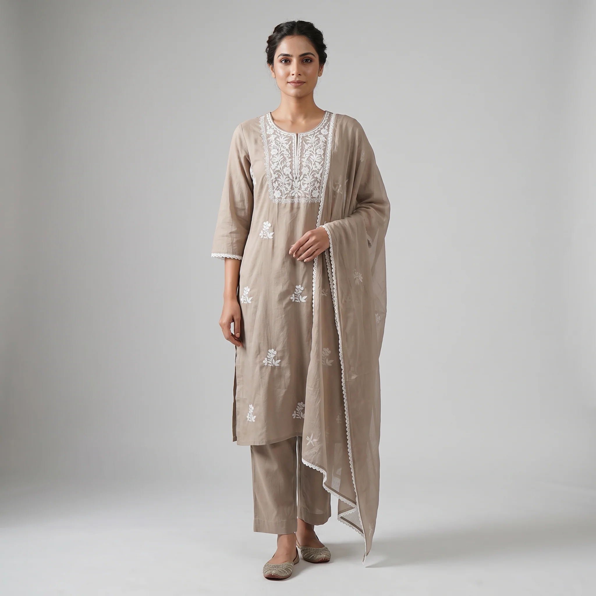 Cotton Straight Kurta and Pant with Dupatta Set