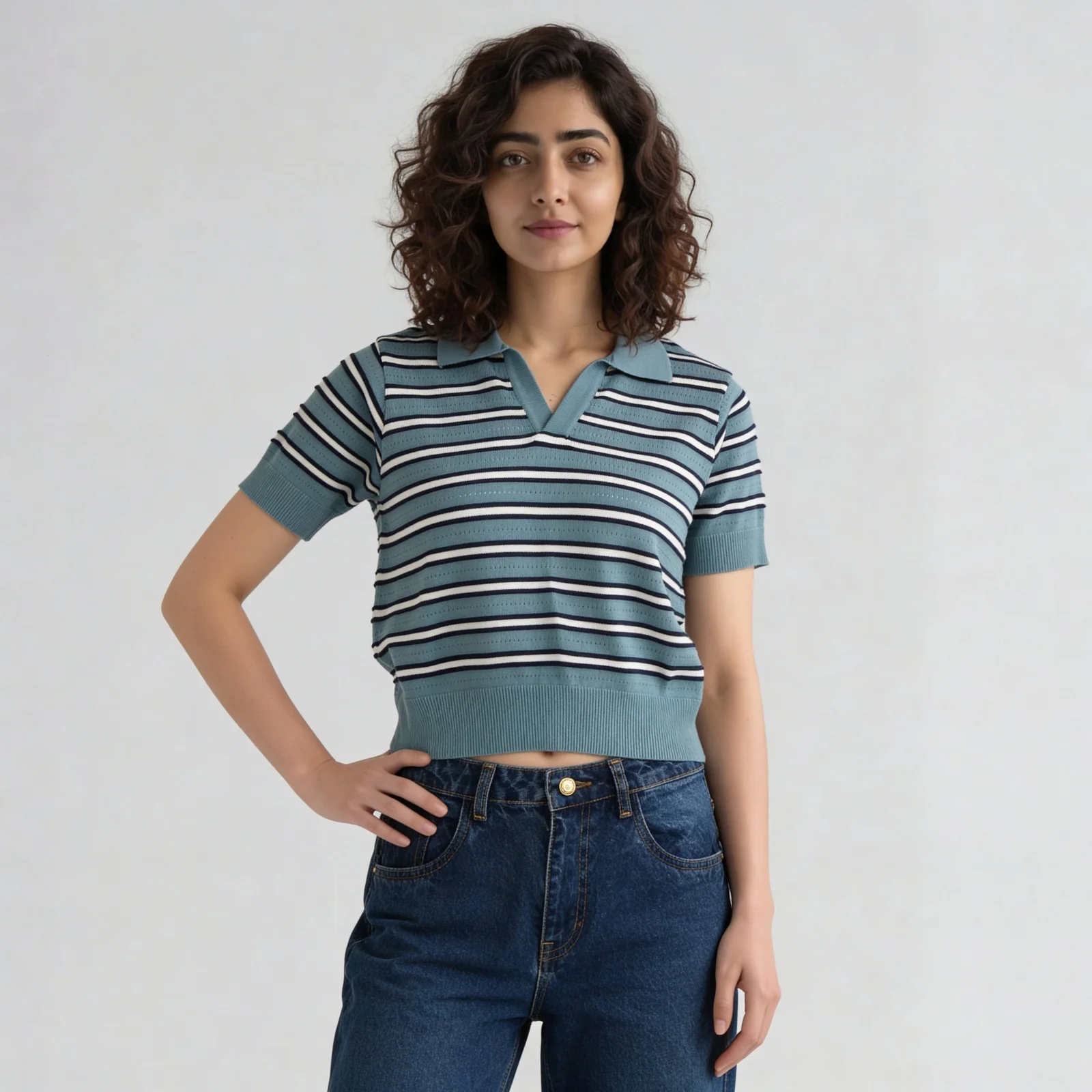 Cotton Striped Crop Polo Neck T-Shirt - Image 2