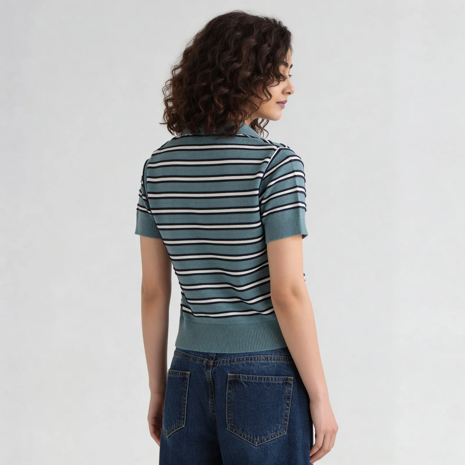 Cotton Striped Crop Polo Neck T-Shirt - Image 3