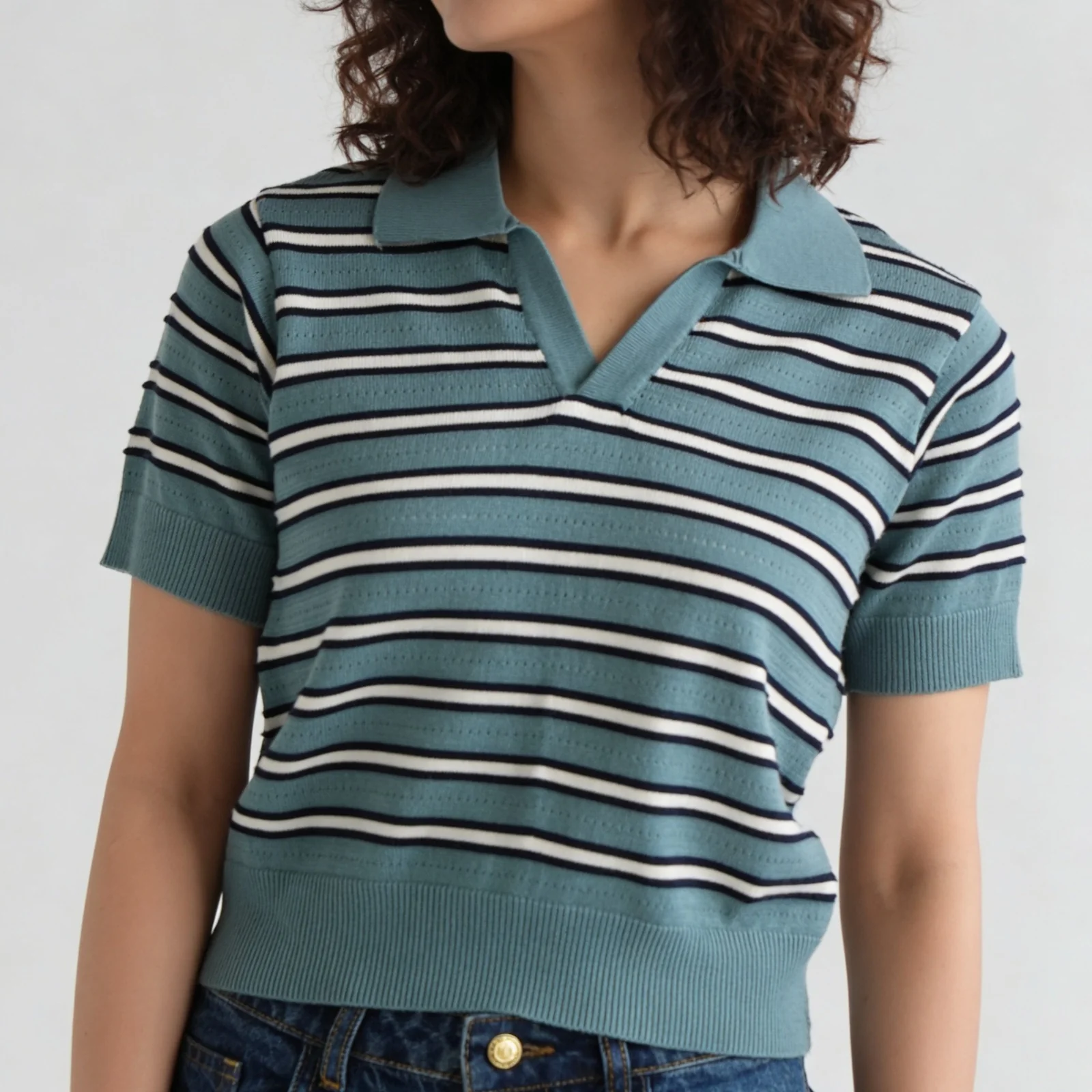 Cotton Striped Crop Polo Neck T-Shirt - Image 4