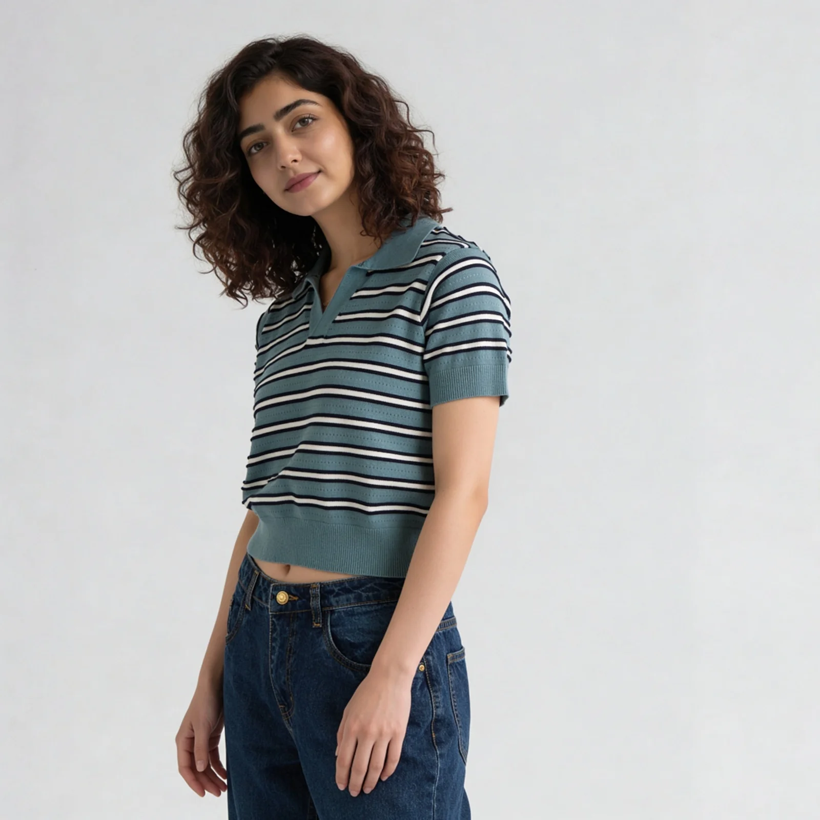 Cotton Striped Crop Polo Neck T-Shirt - Image 5