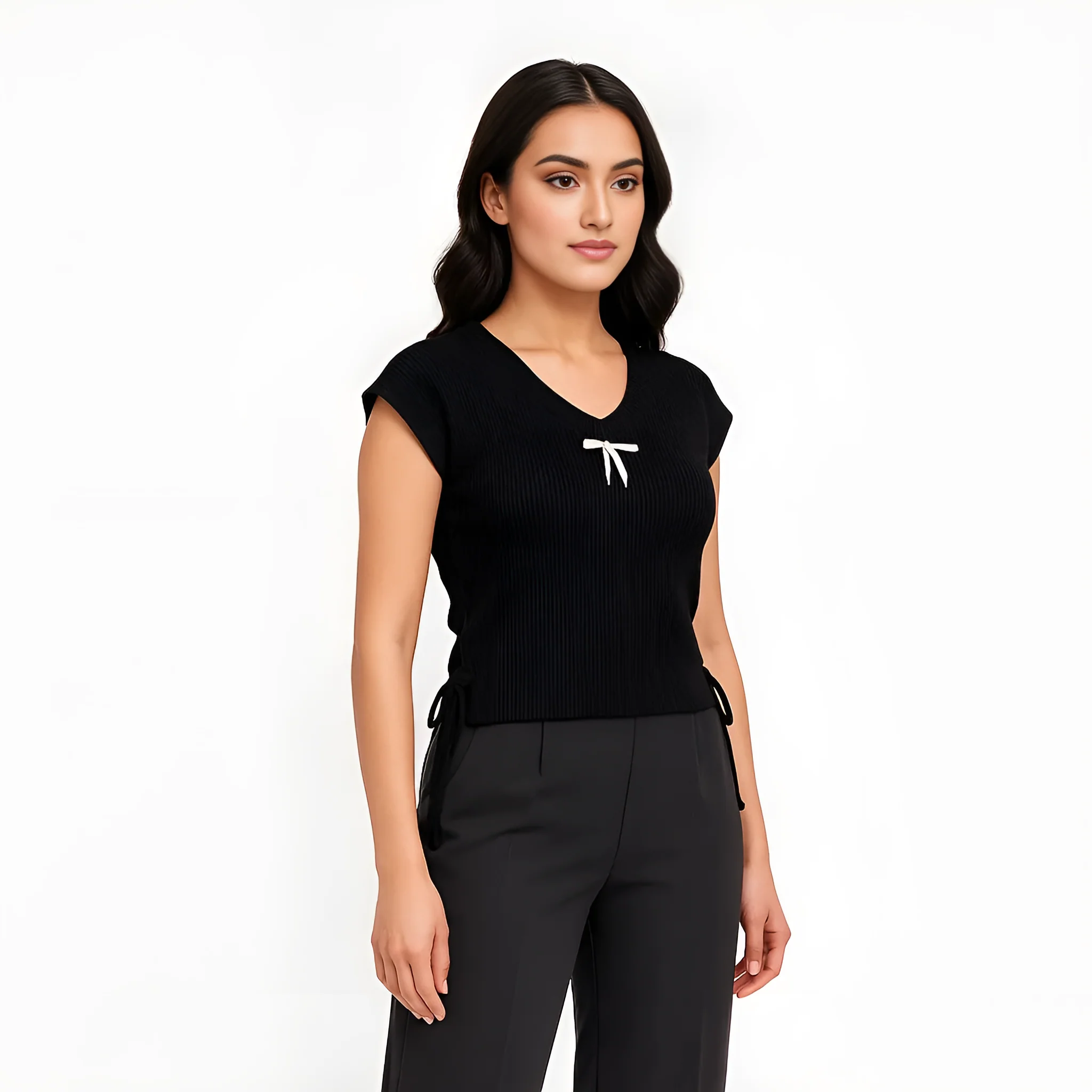 Cotton T-Shirt With Bow Detail & Side Ruching - Image 6