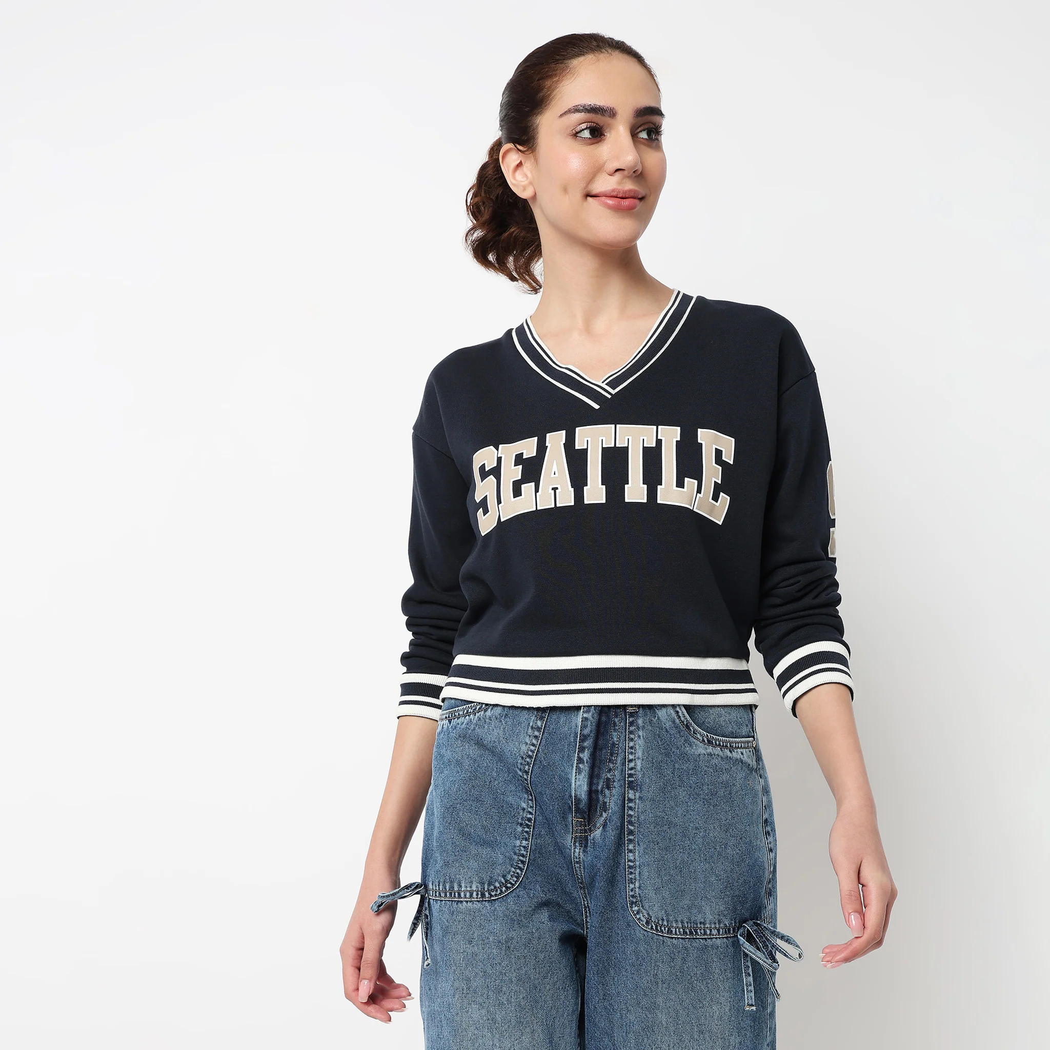 Cotton V-Neck Graphic Sweat Tee - Image 2