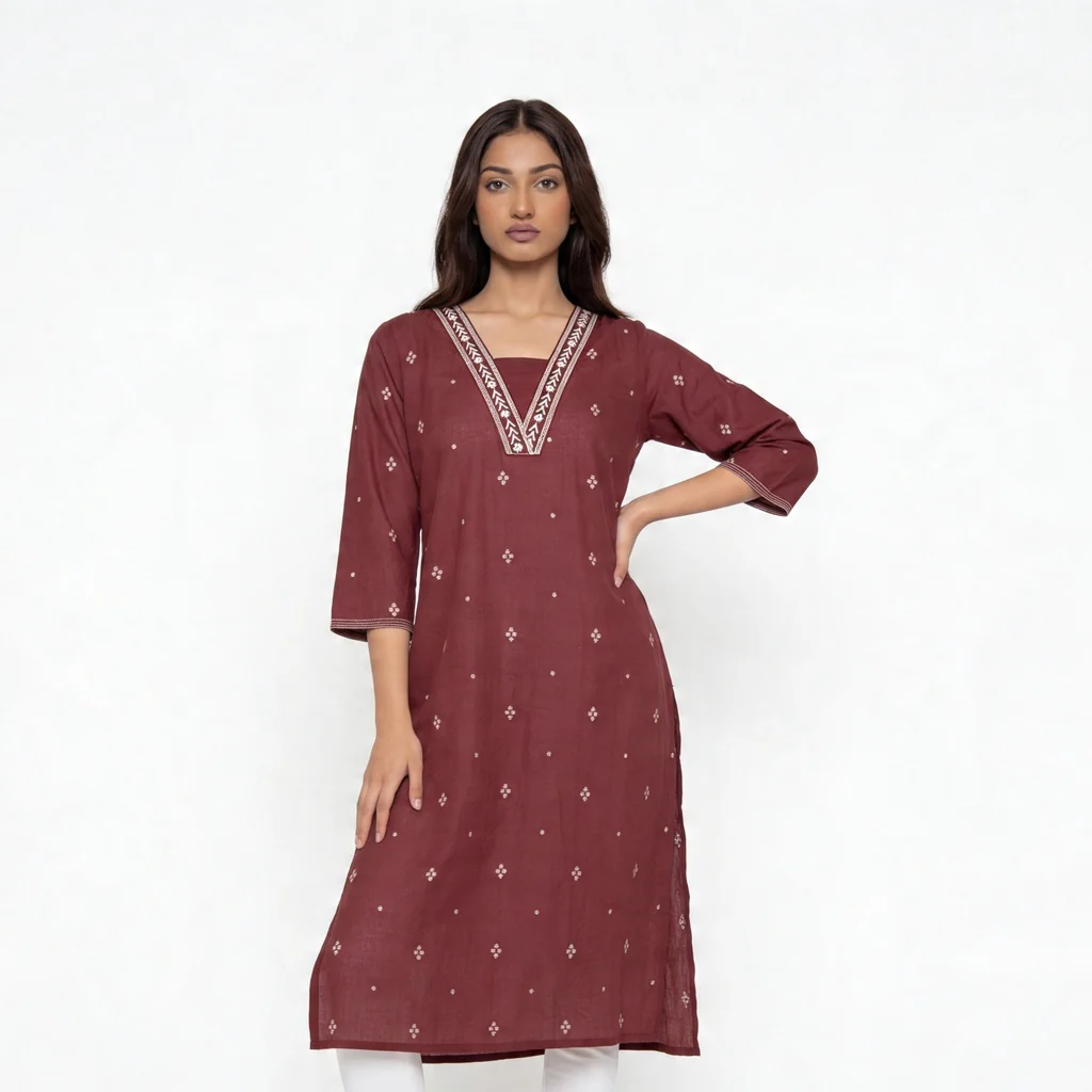 Cotton V-Neck Long Kurta - Image 2