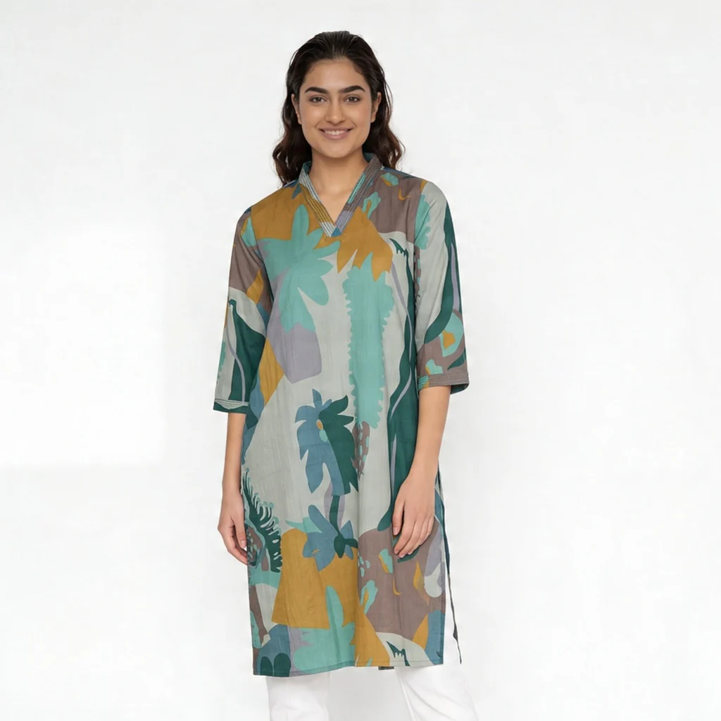 Cotton V-Neck Long Kurta - Image 2