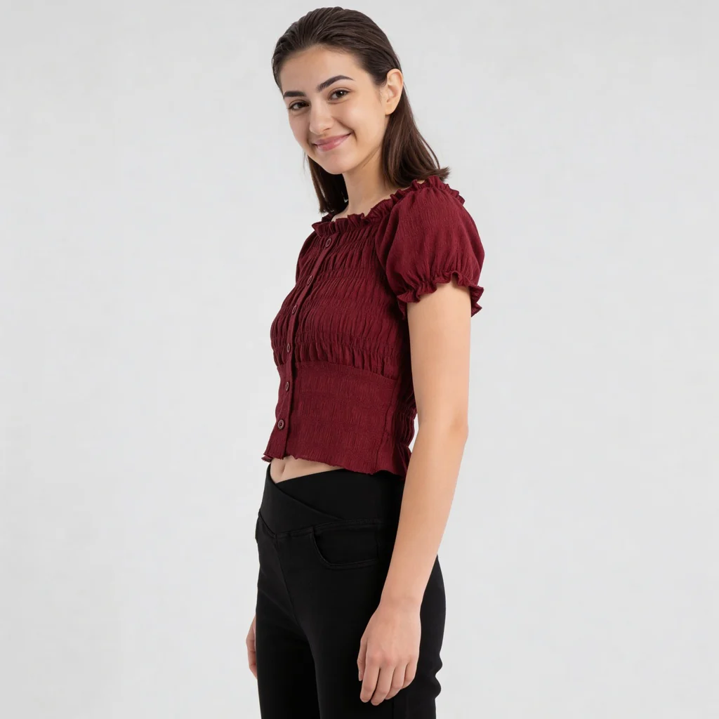 Smocking Detail Square Neck Cropped Top - Image 10