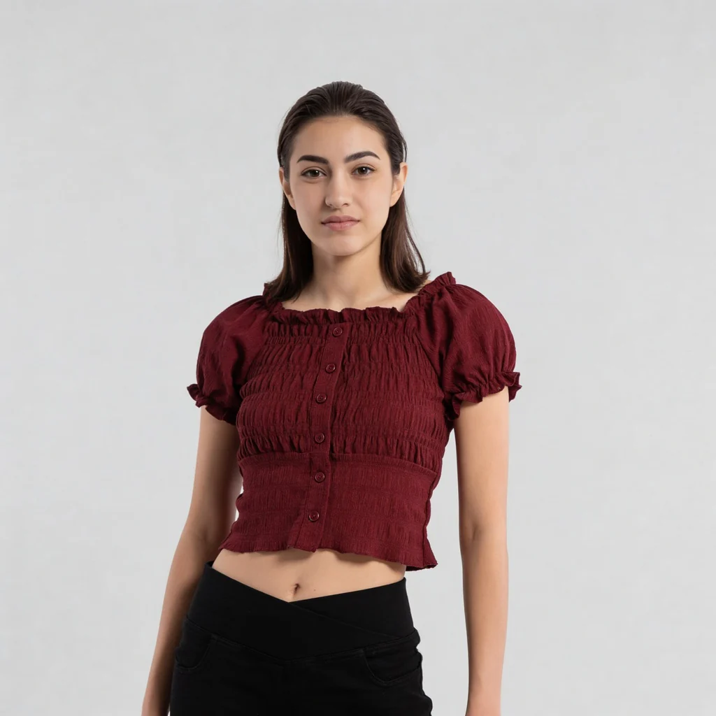 Smocking Detail Square Neck Cropped Top - Image 7