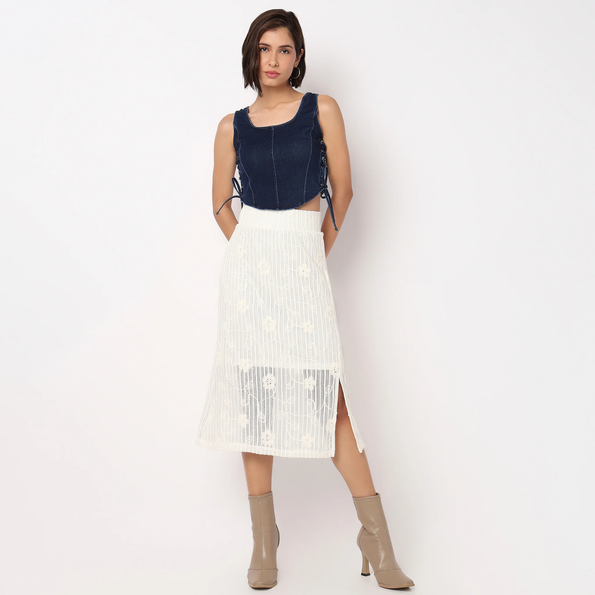 Denim Knit Top With Side Cross Strap Look