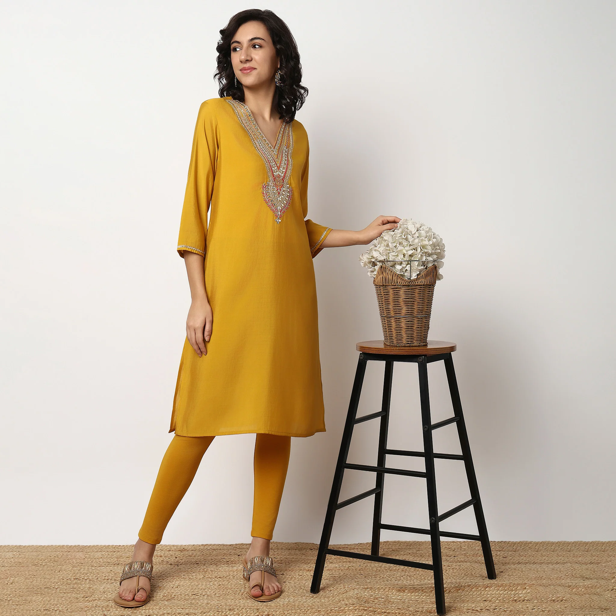 Embellished V Neck Kurta