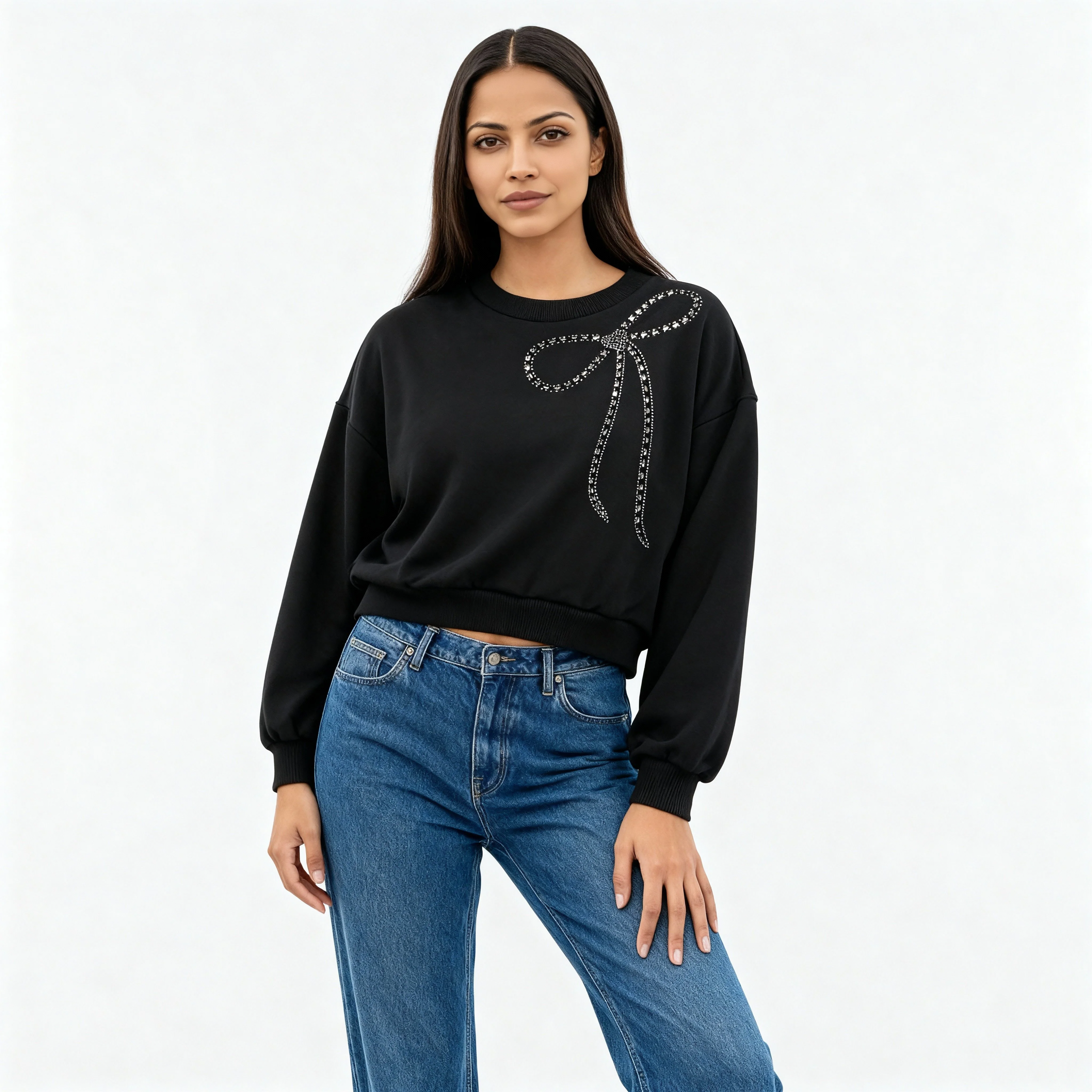 Embellished Oversize Studded Bow Sweat Tee - Image 2
