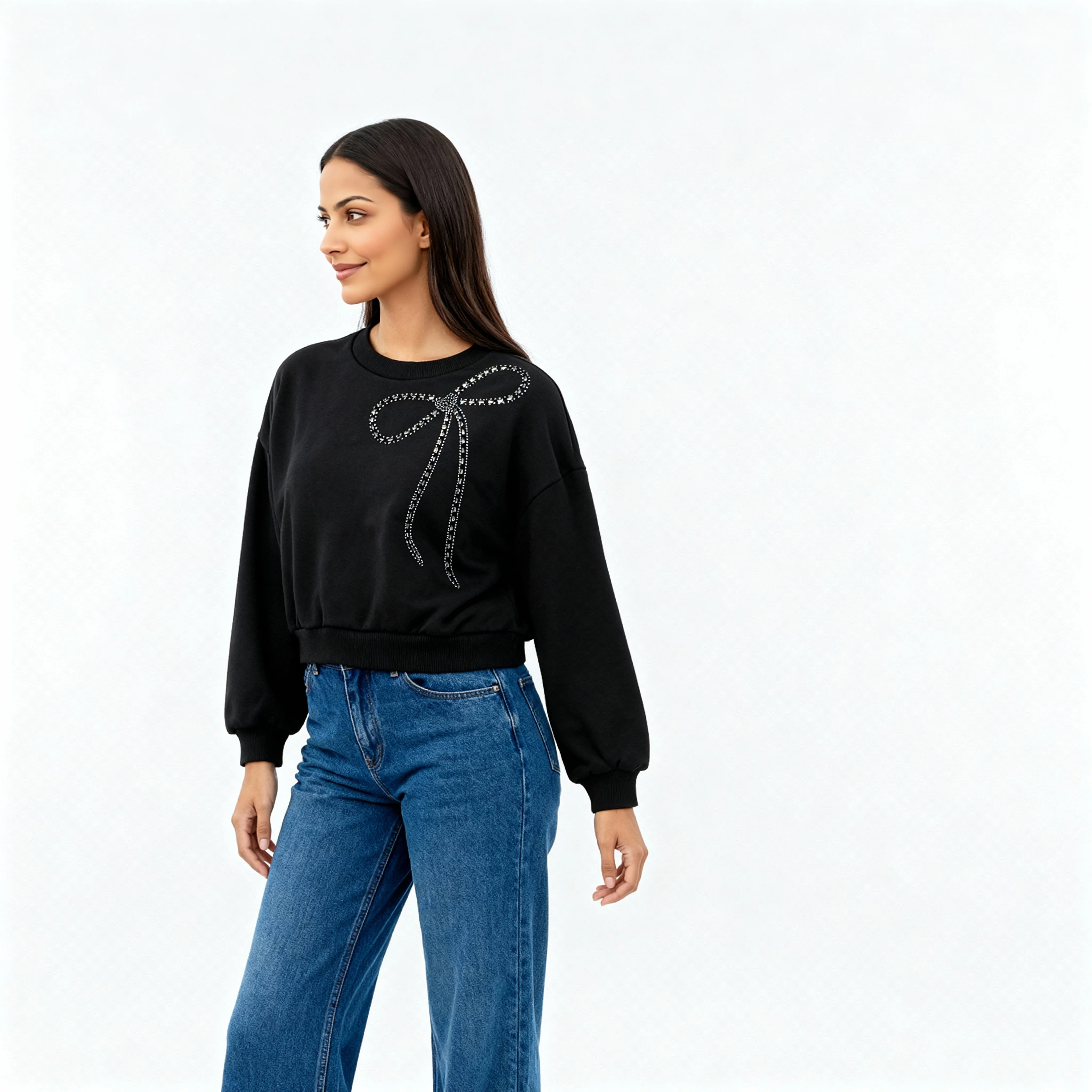 Embellished Oversize Studded Bow Sweat Tee - Image 5