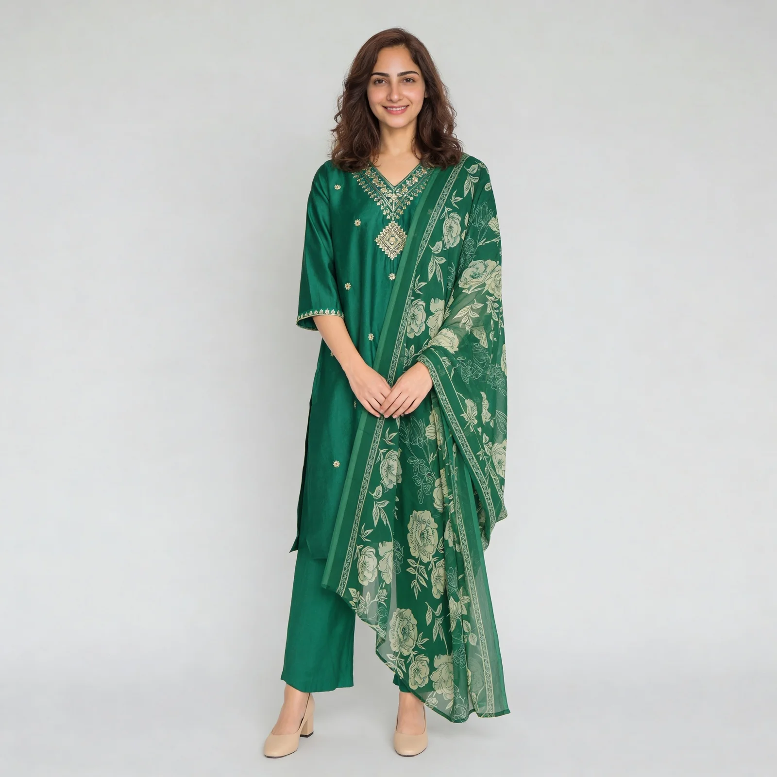 Embellished V-Neck Straight Kurta with Pant & Dupatta Set - Image 2