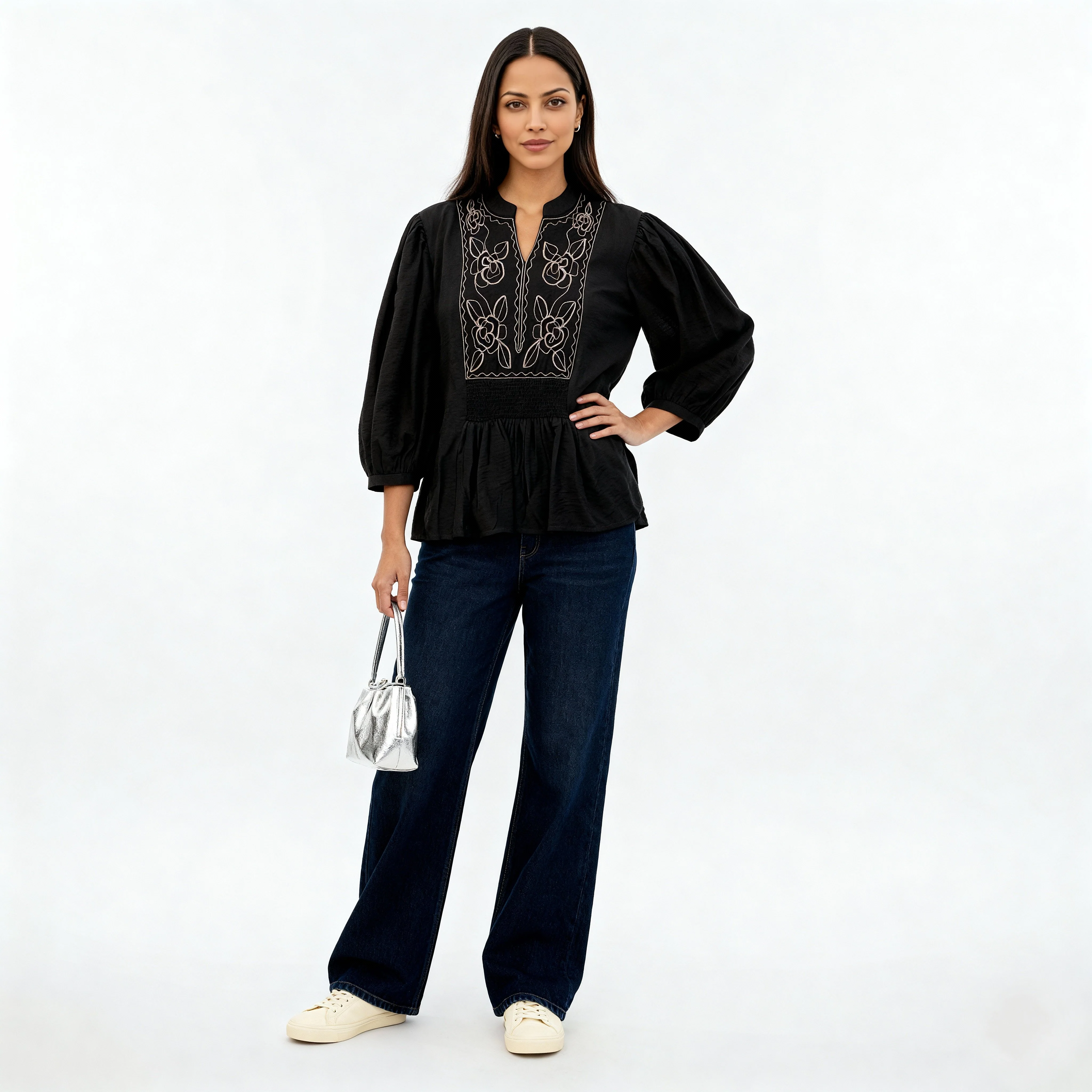 Embroidered Band Neck Top