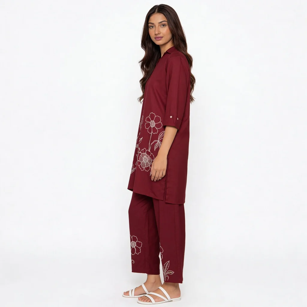 Embroidered Collar Kurta with Pant Set - Image 5