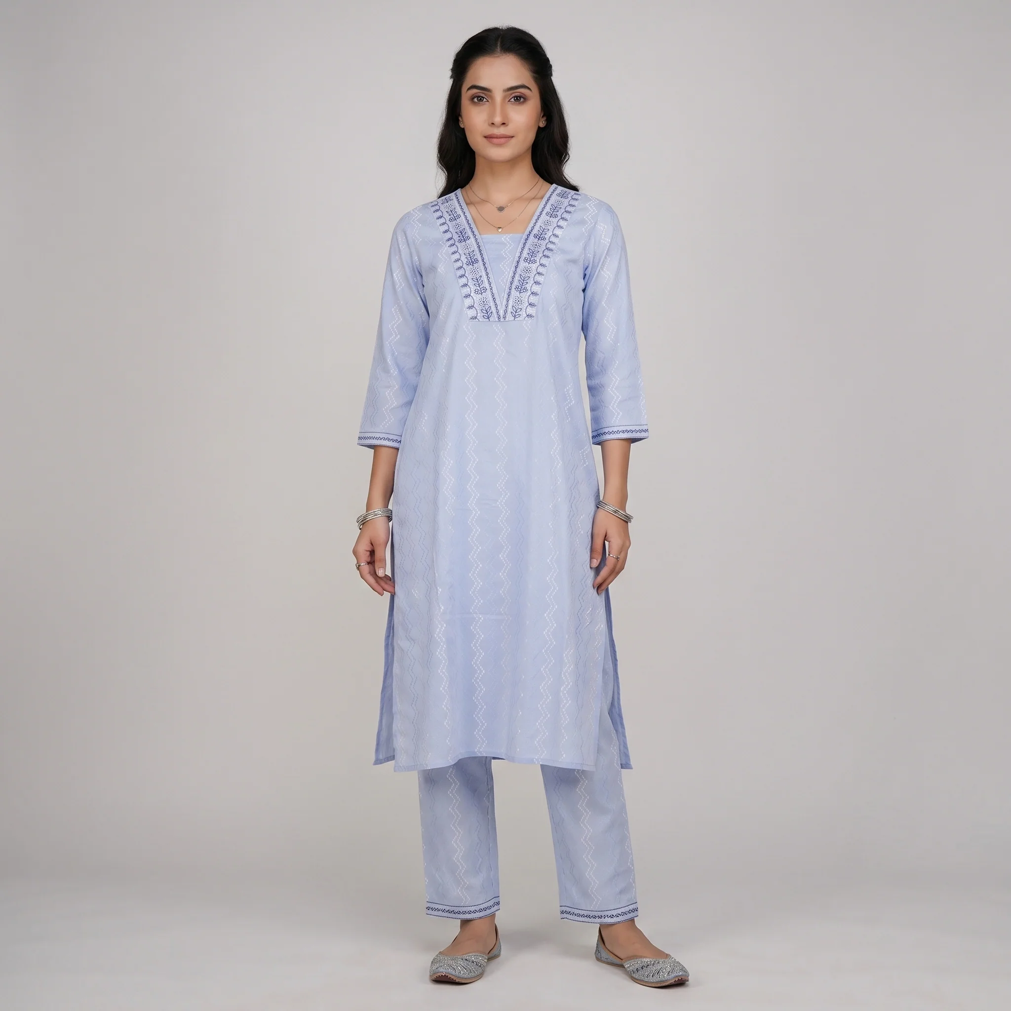Embroidered Cotton V-Neck Long Kurta