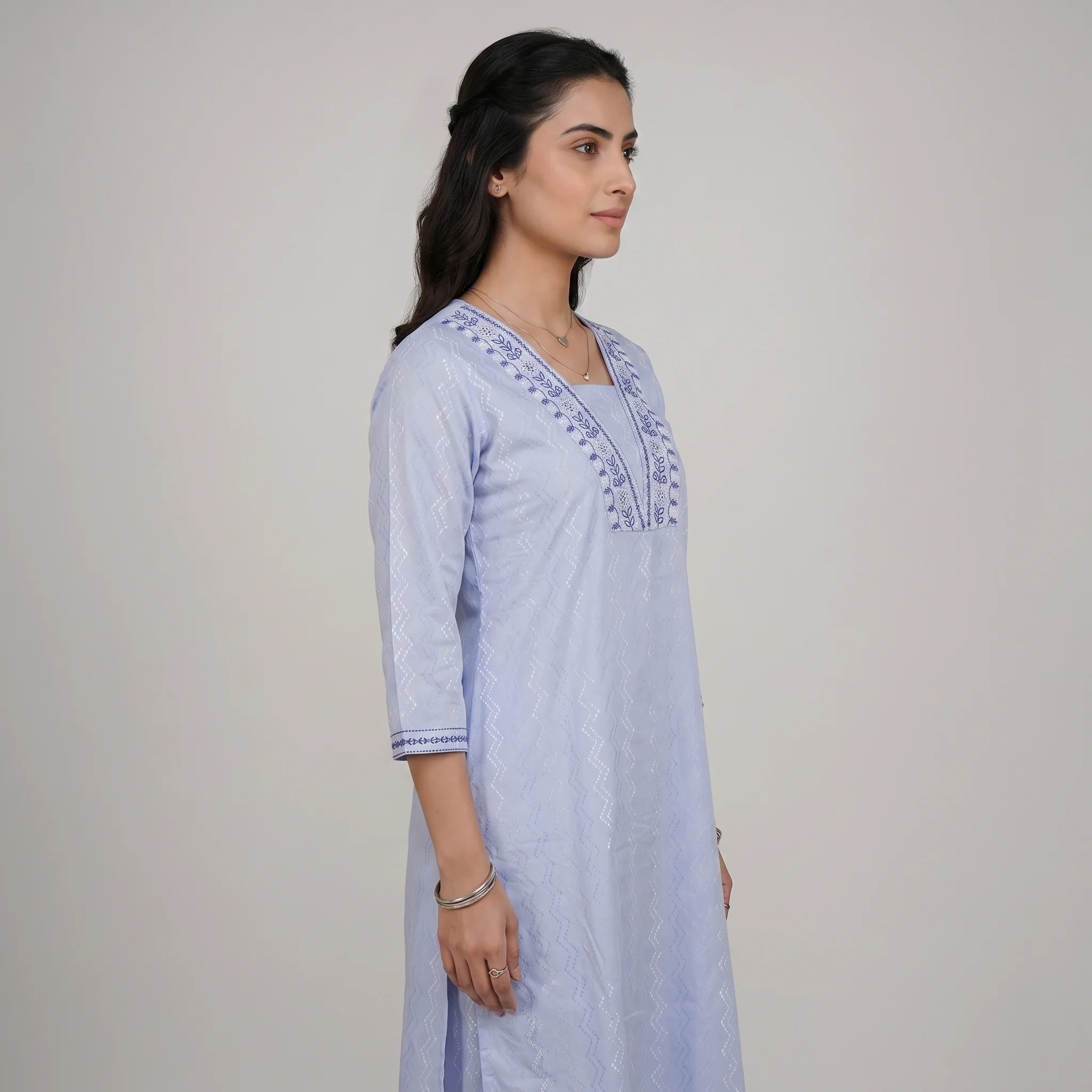 Embroidered Cotton V-Neck Long Kurta - Image 2