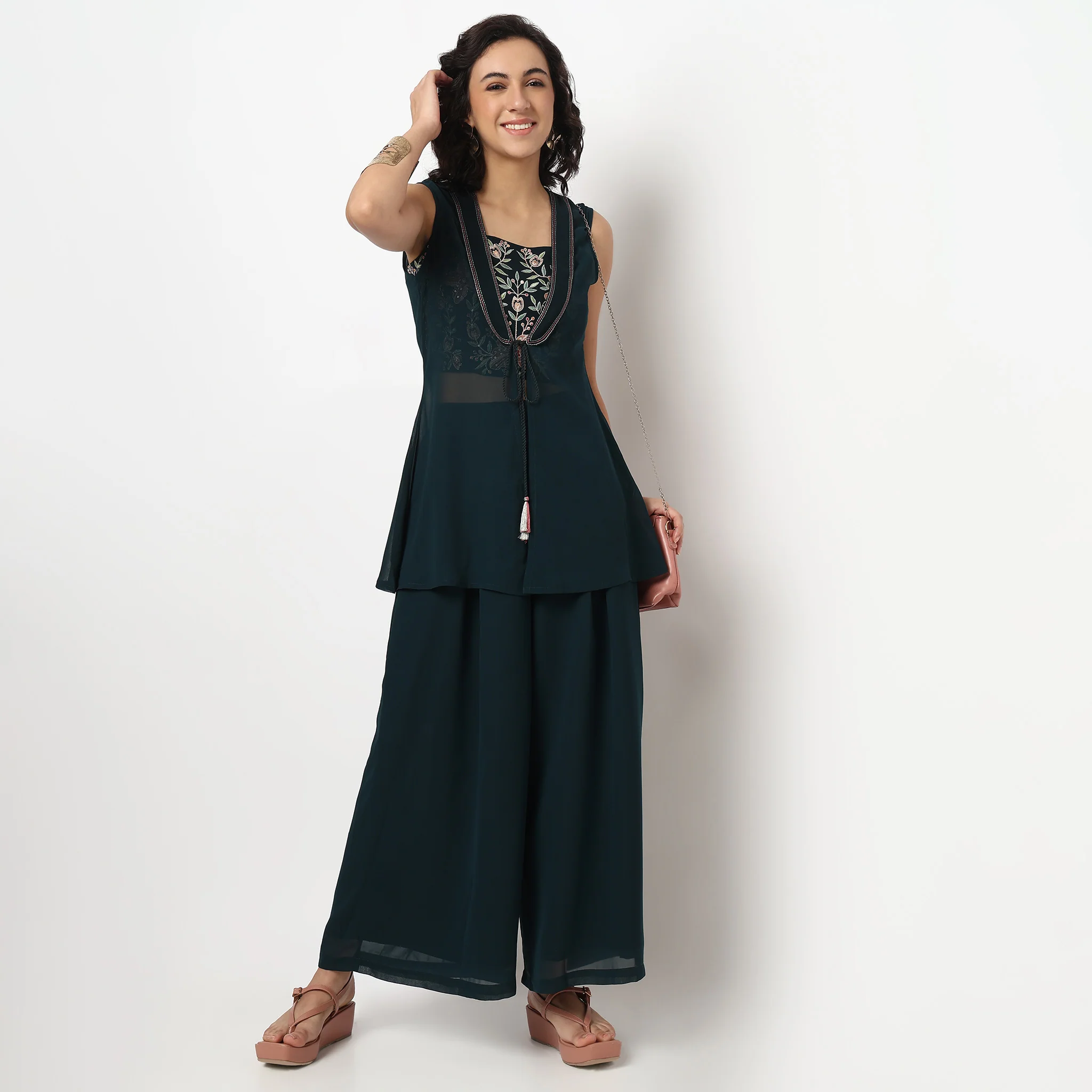 Embroidered Shrug With Front Tie-Up, Crop Top And Flared Palazzo