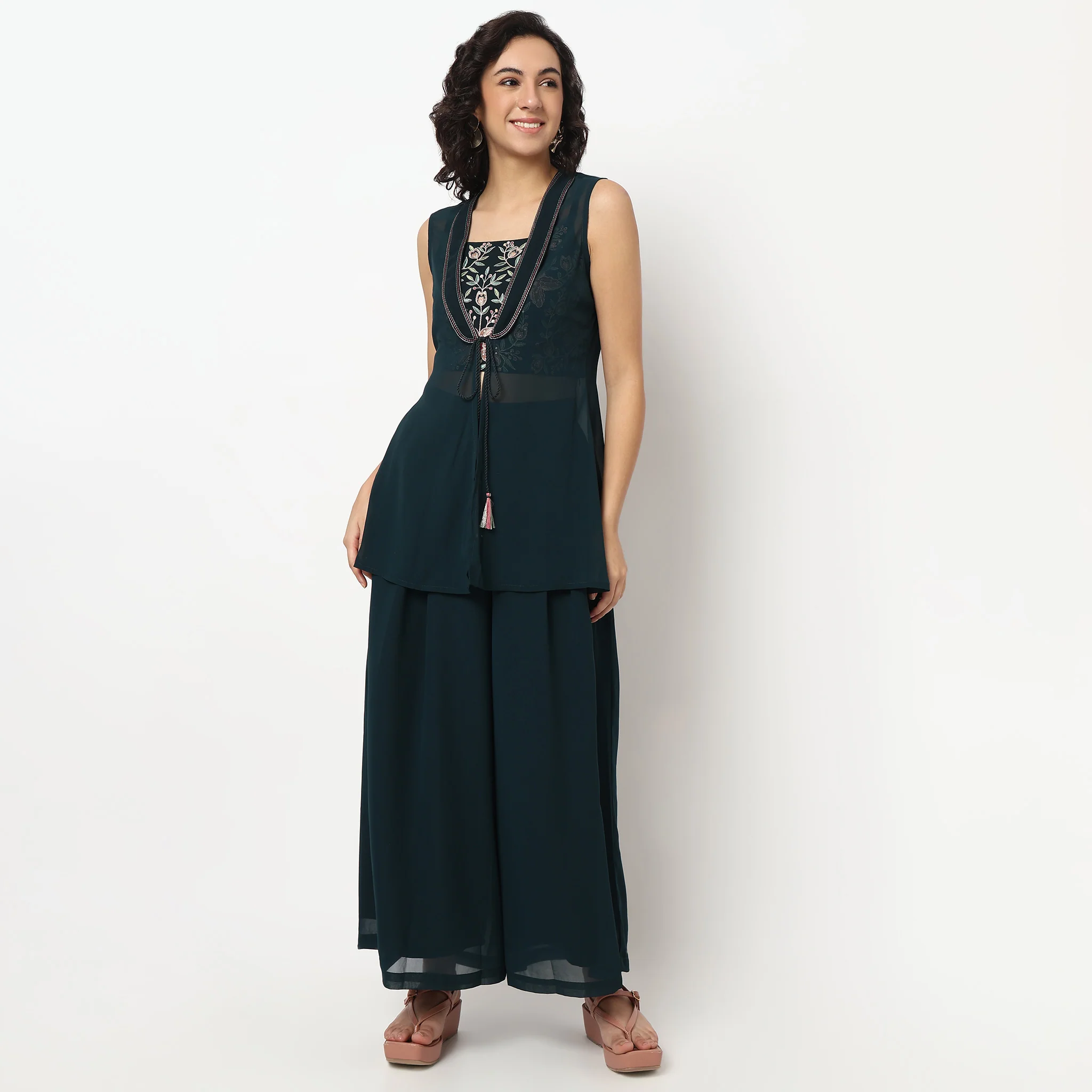Embroidered Shrug With Front Tie-Up, Crop Top And Flared Palazzo - Image 2