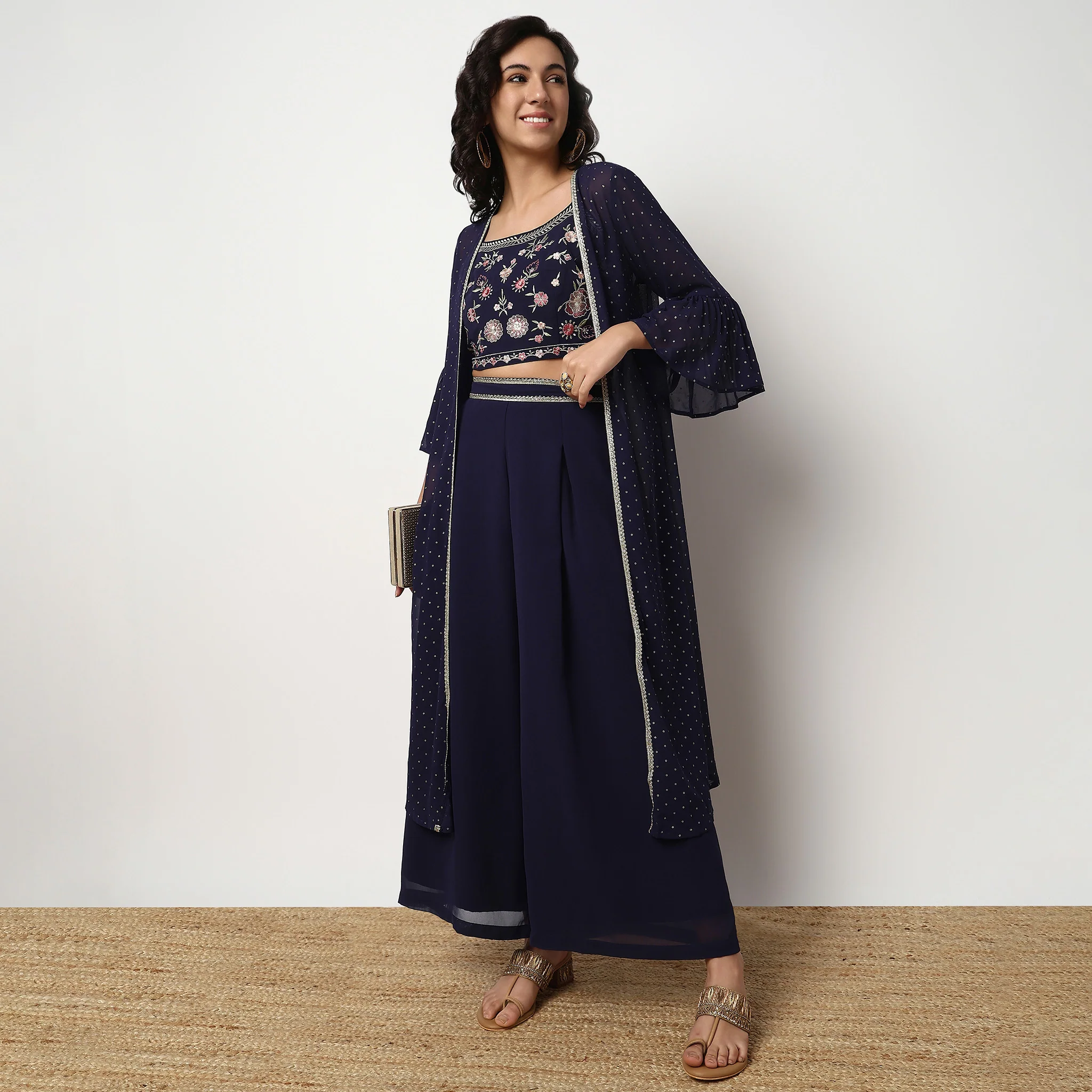 Embroidered Long Shrug With Ruffled Sleeves, Crop Top And Flared Palazzo Sets