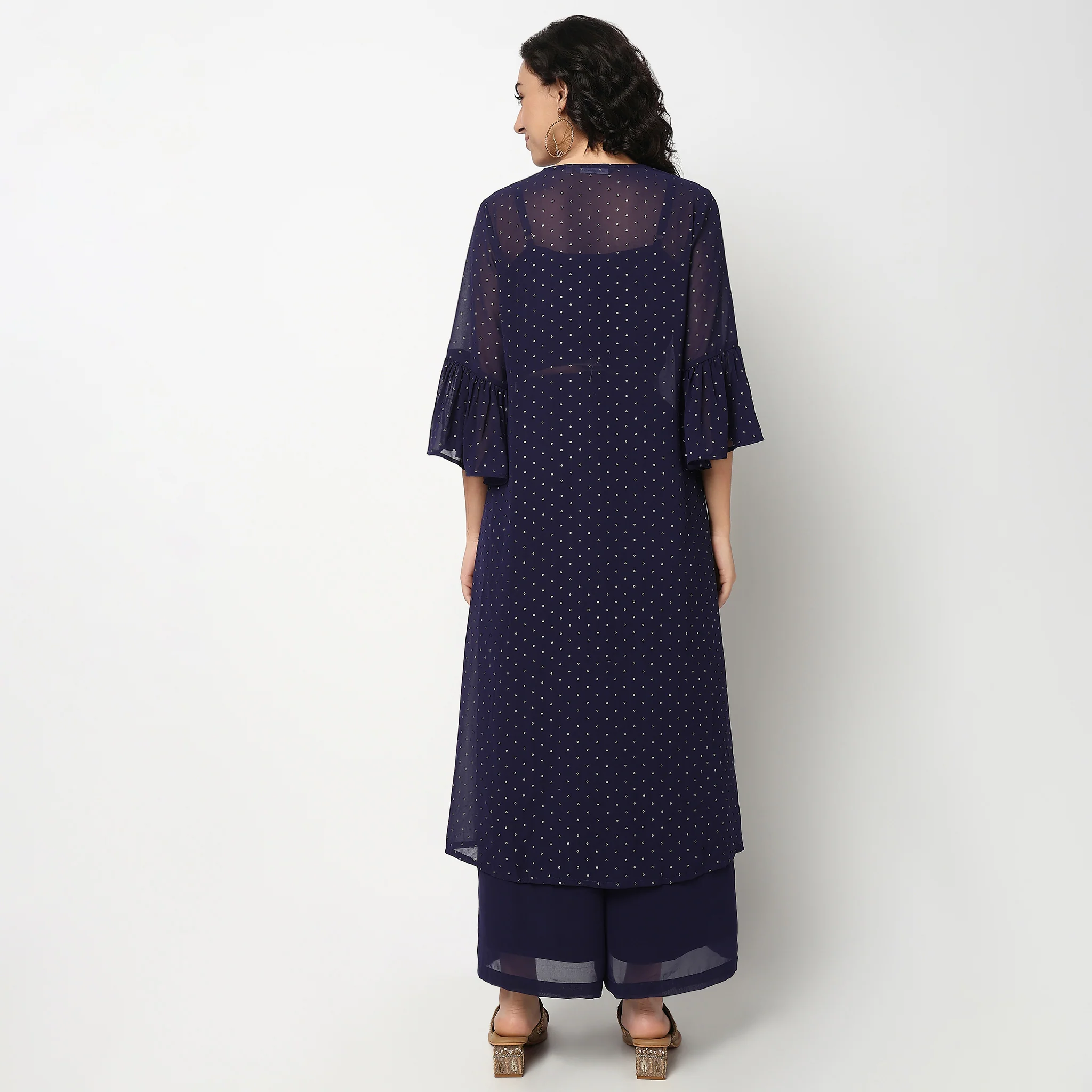 Embroidered Long Shrug With Ruffled Sleeves, Crop Top And Flared Palazzo Sets - Image 3