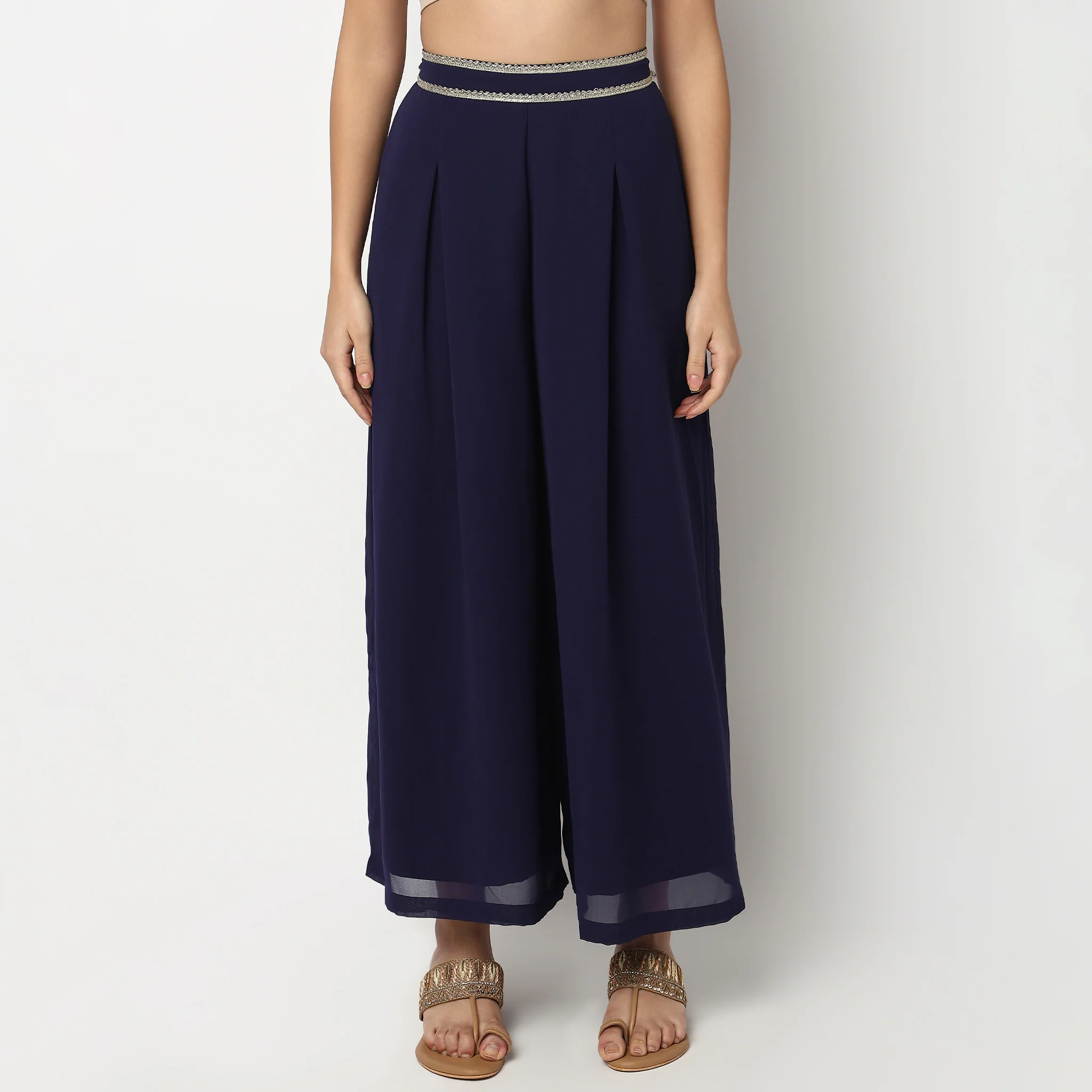 Embroidered Long Shrug With Ruffled Sleeves, Crop Top And Flared Palazzo Sets - Image 6