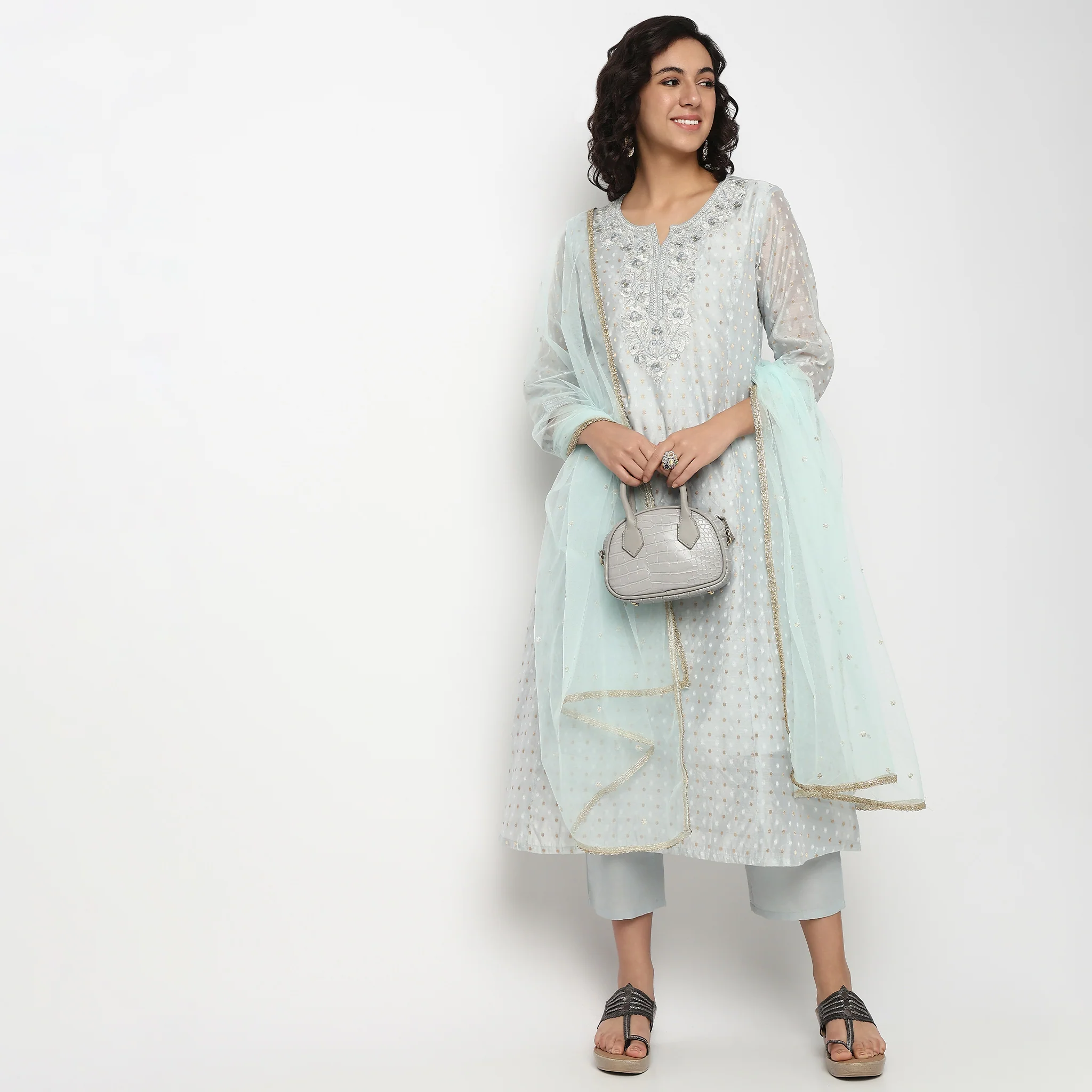 Embroidered V Neck Kurta Set with Dupatta