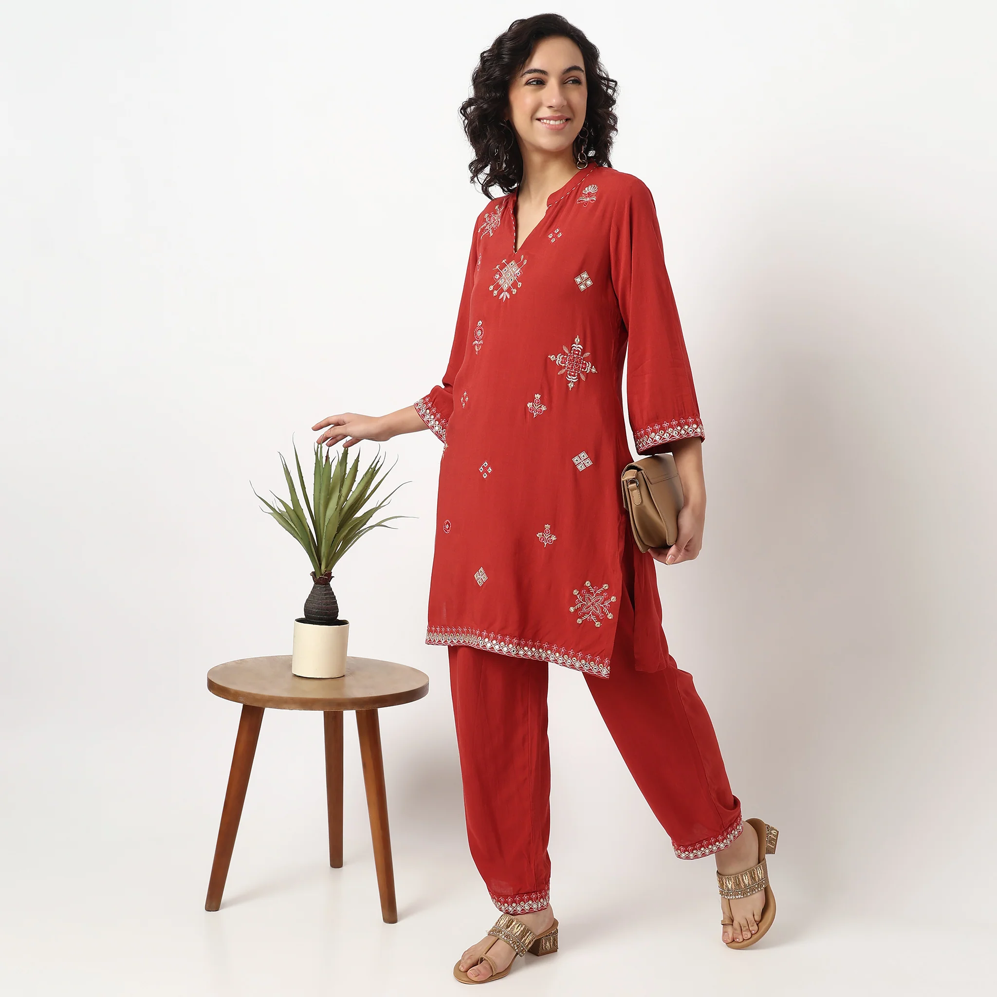 Embroidered Band Collar Kurta Set