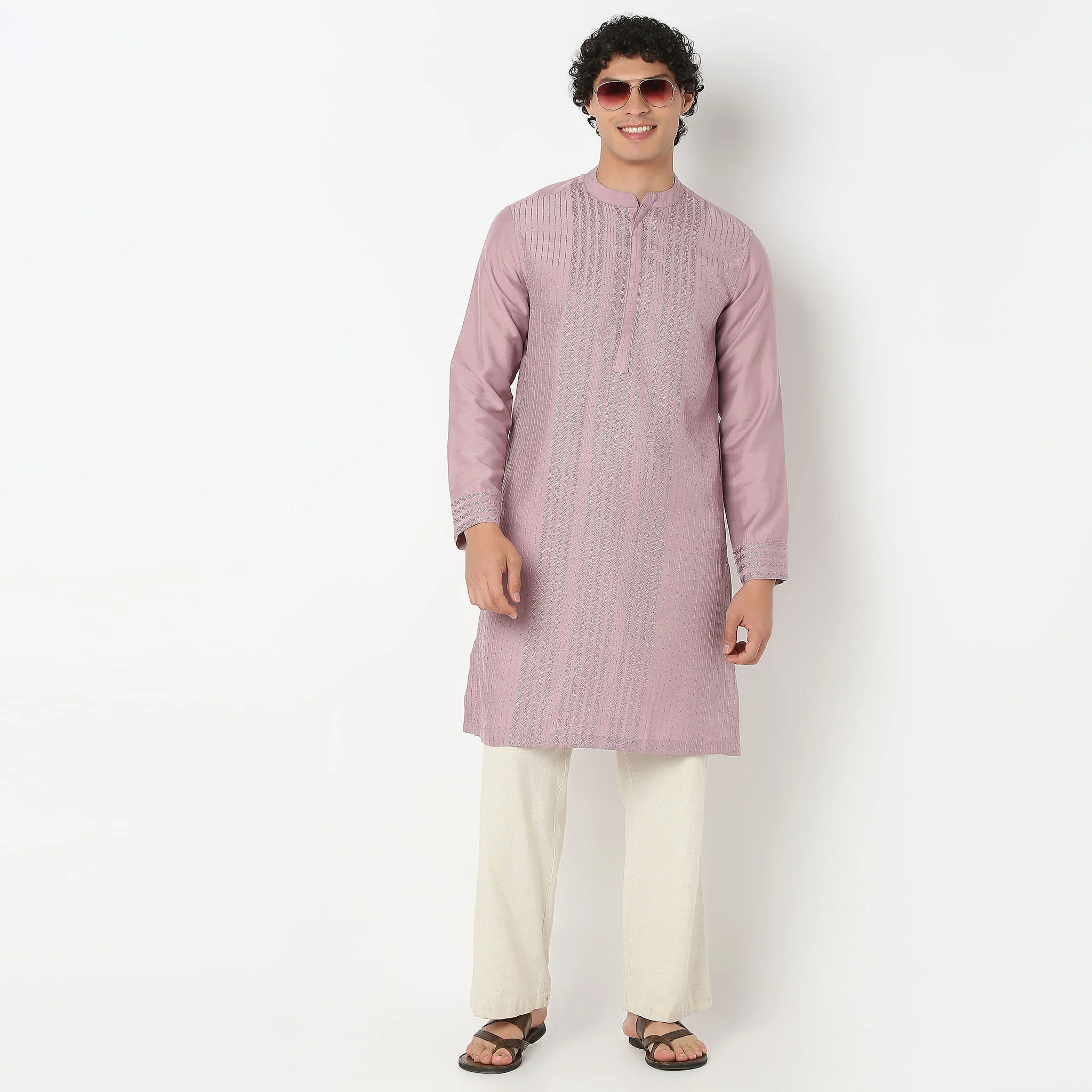 Mandarin Collar Full Length Straight Fit All Over Embroidered Kurta