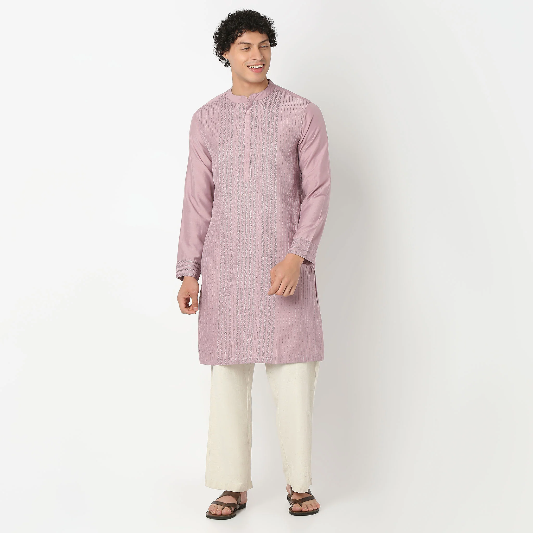 Mandarin Collar Full Length Straight Fit All Over Embroidered Kurta - Image 2