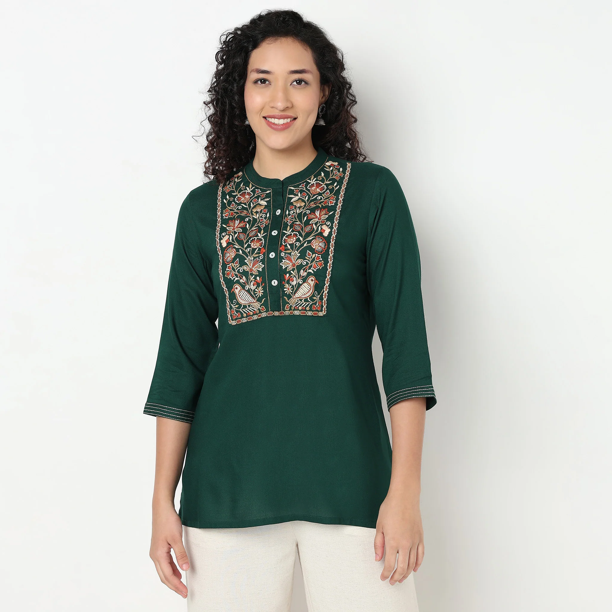 Embroidered Band Neck A Line Short Kurta - Image 2