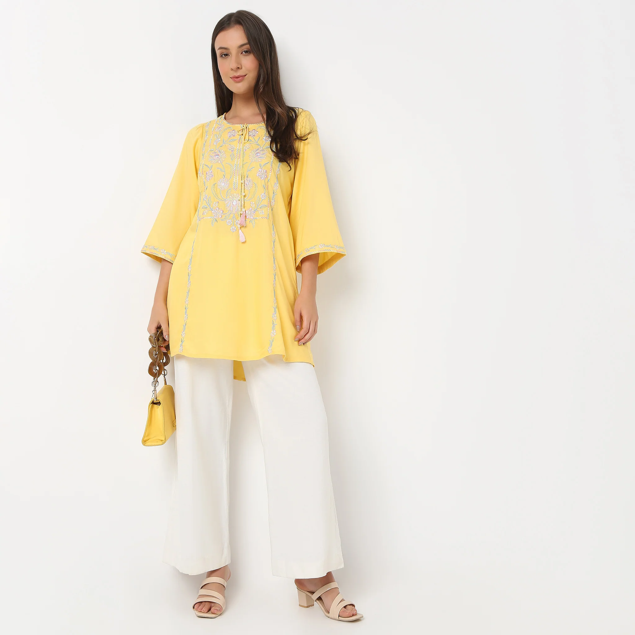 Embroidered Round Neck Three-Fourth Sleeve Straight Fit Tunic
