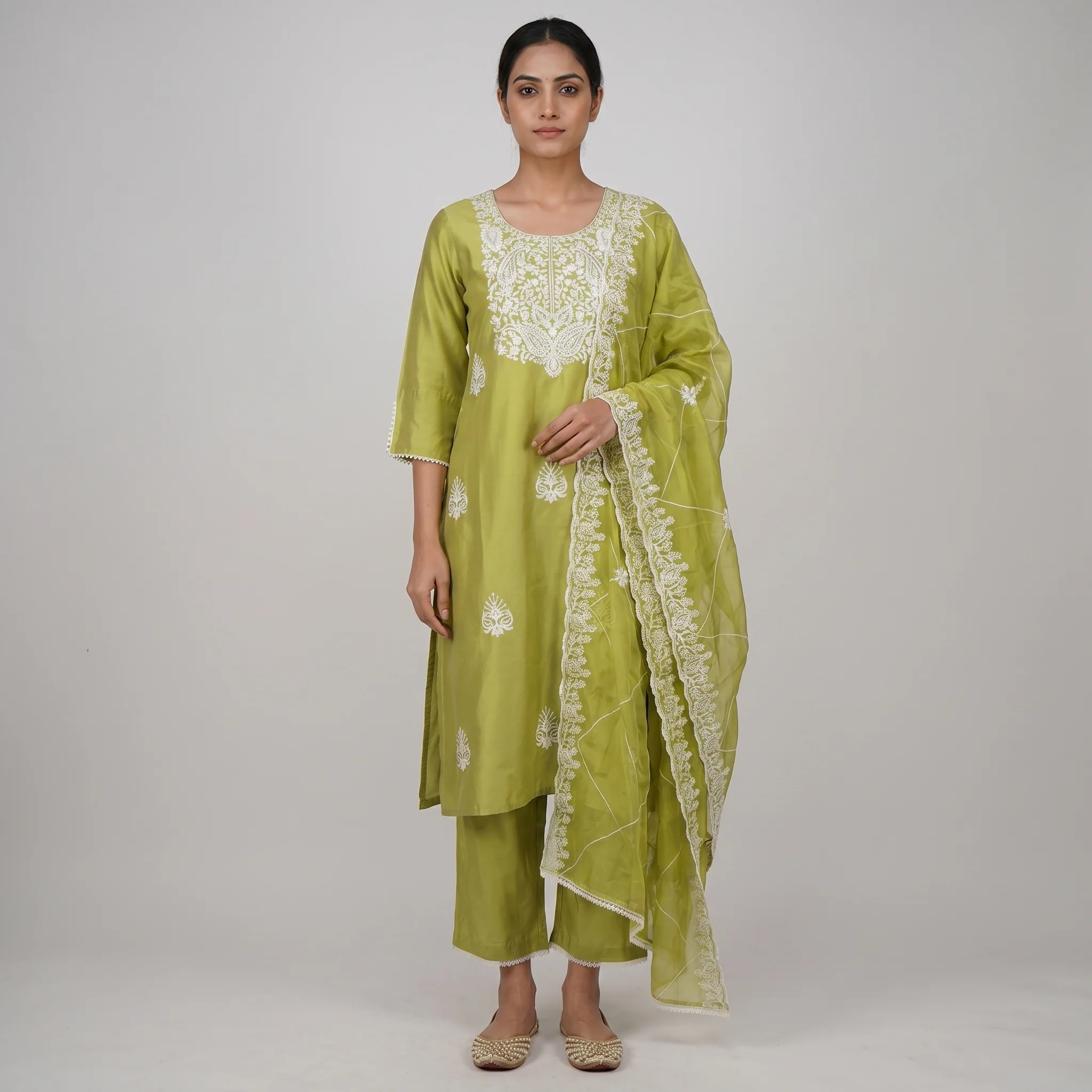 Embroidered Straight Kurta and Pant with Dupatta Set
