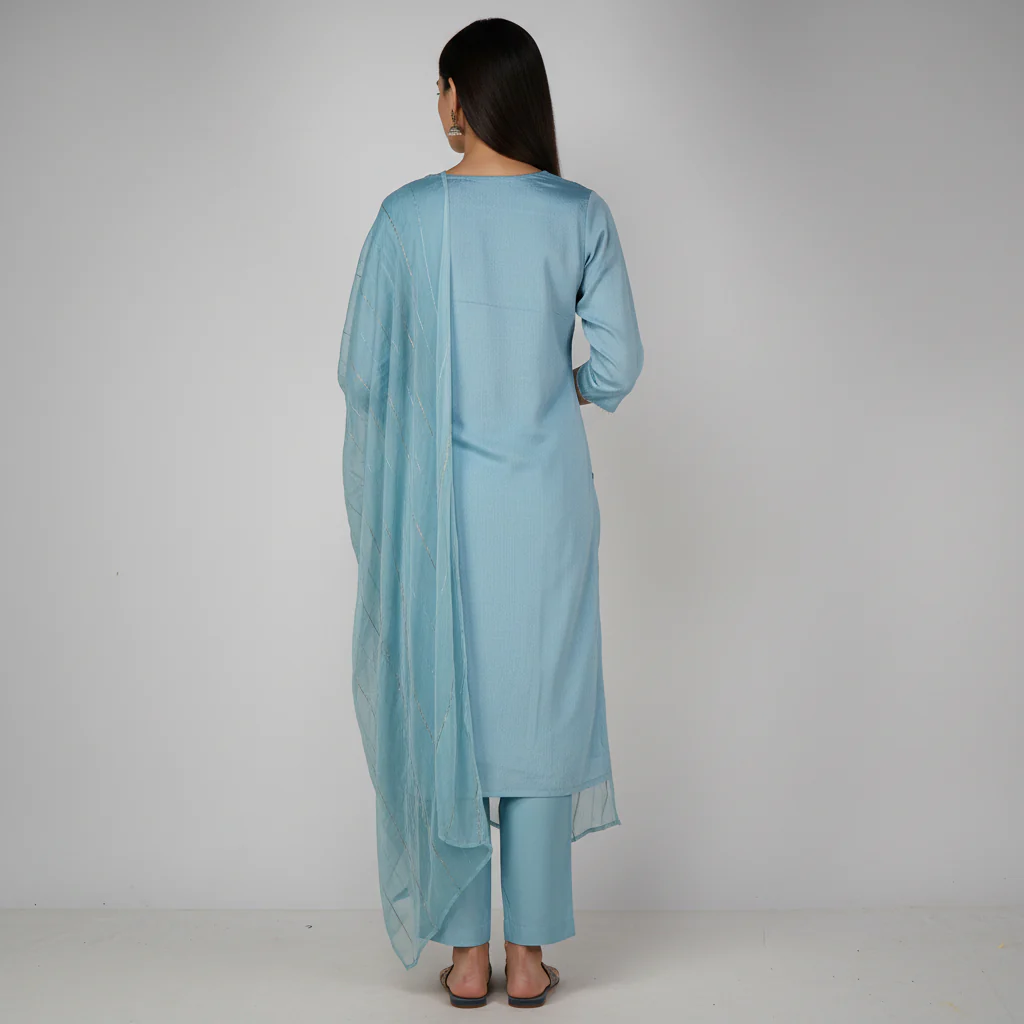 Embroidered Straight Kurta with Pant and Dupatta Set - Image 3