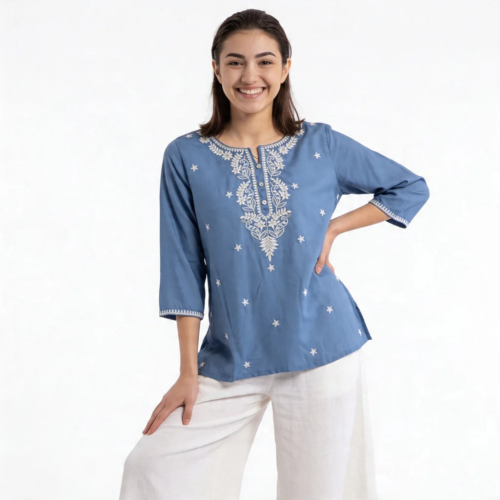 Embroidered Straight Short Kurta - Image 2