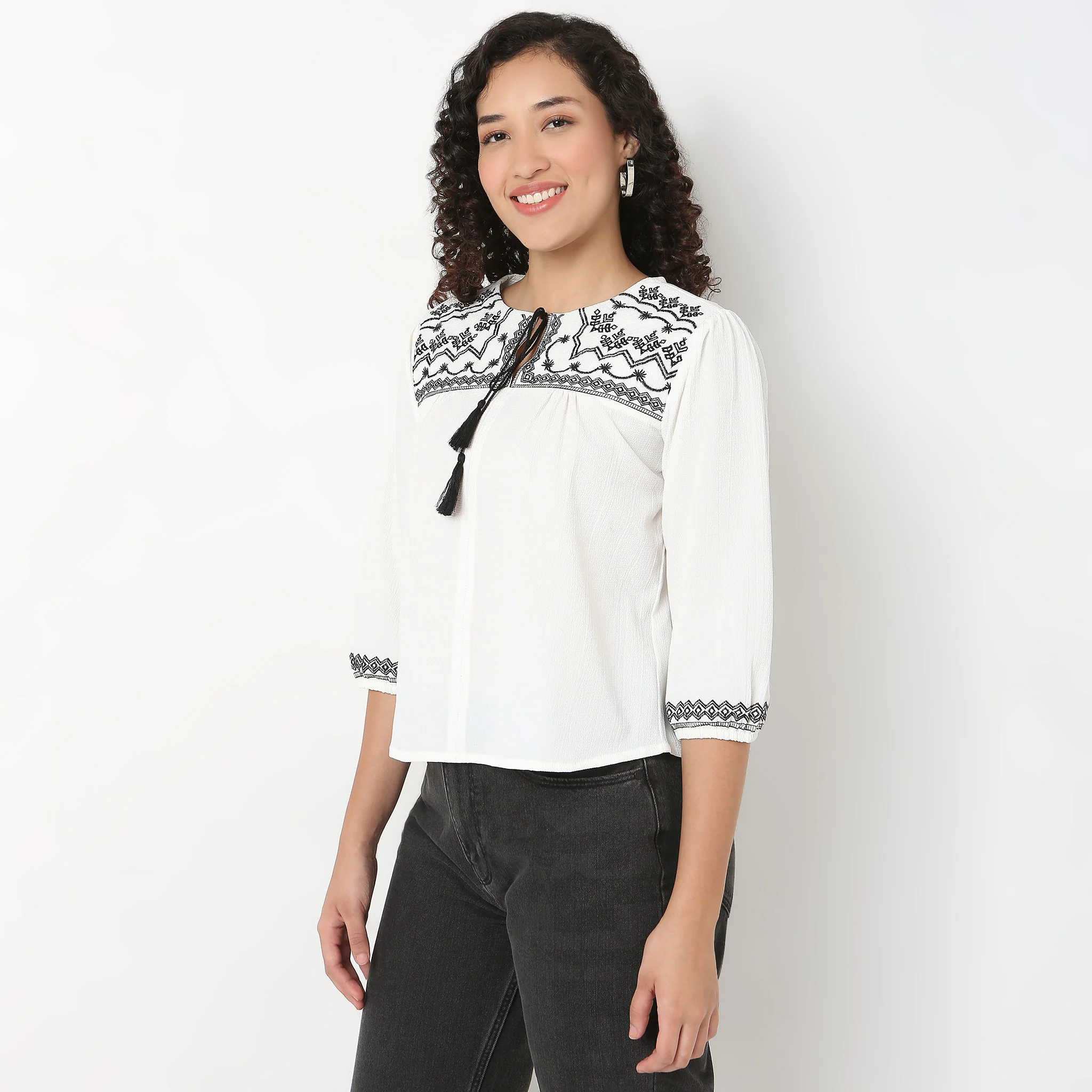 Embroidered Tie-Up Neck Top - Image 5