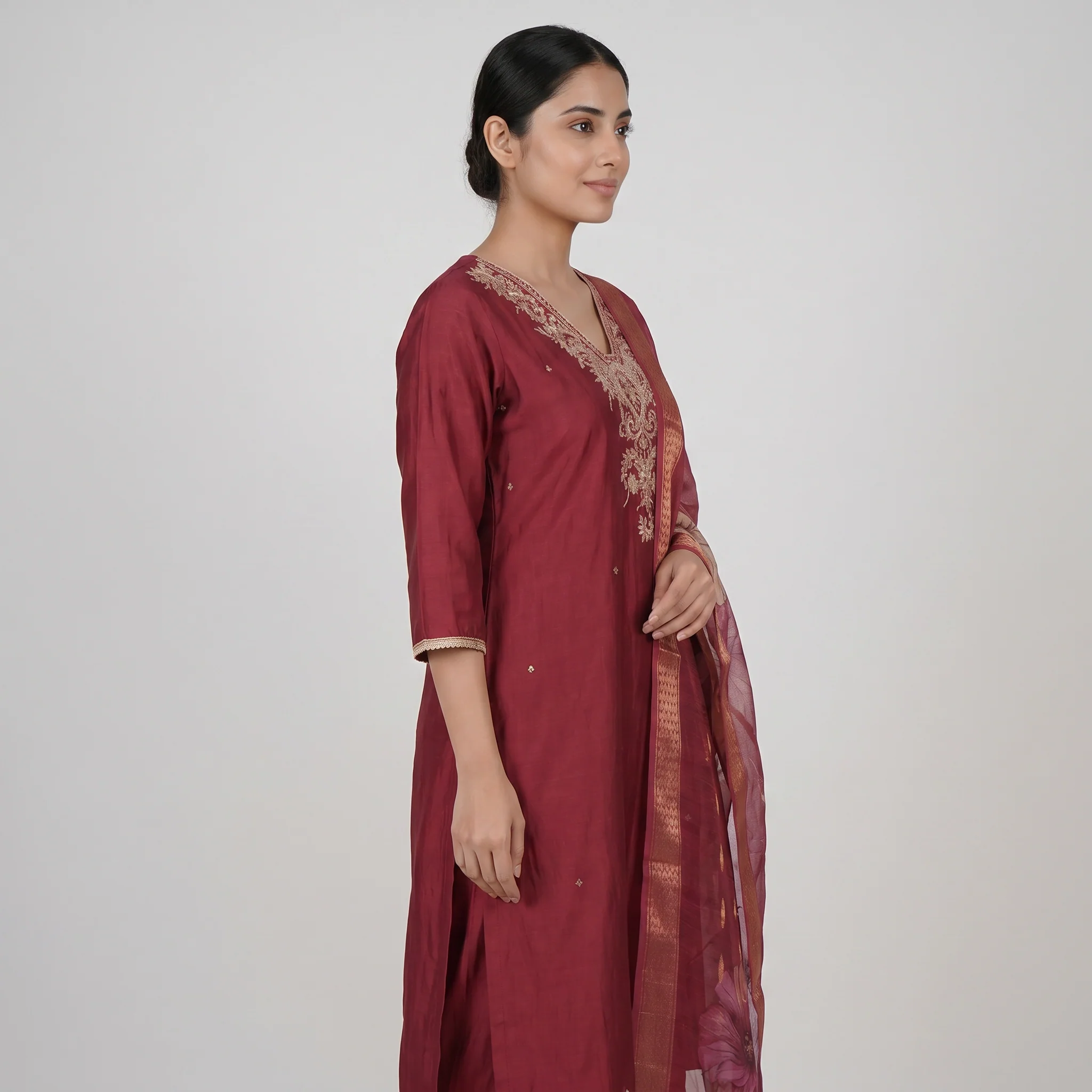Embroidered V-Neck Kurta and Pant with Dupatta Set - Image 2