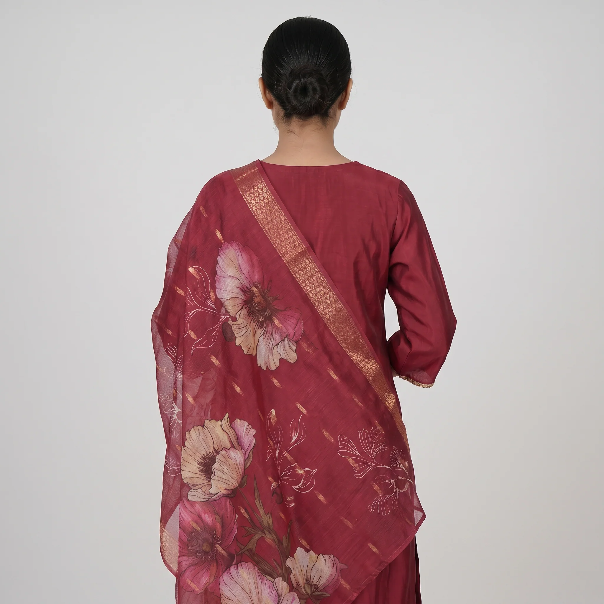 Embroidered V-Neck Kurta and Pant with Dupatta Set - Image 3