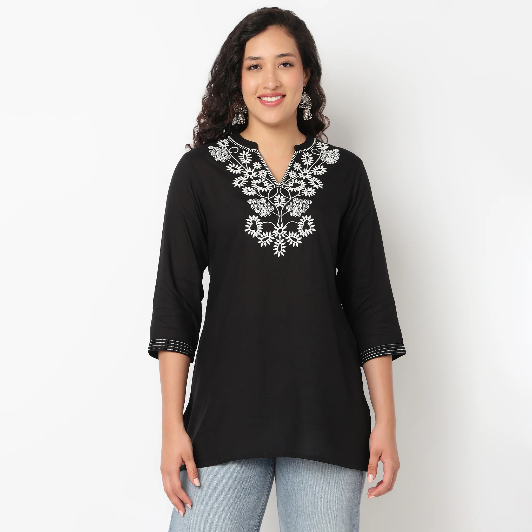 Embroidered V Neck Short Kurti - Image 2