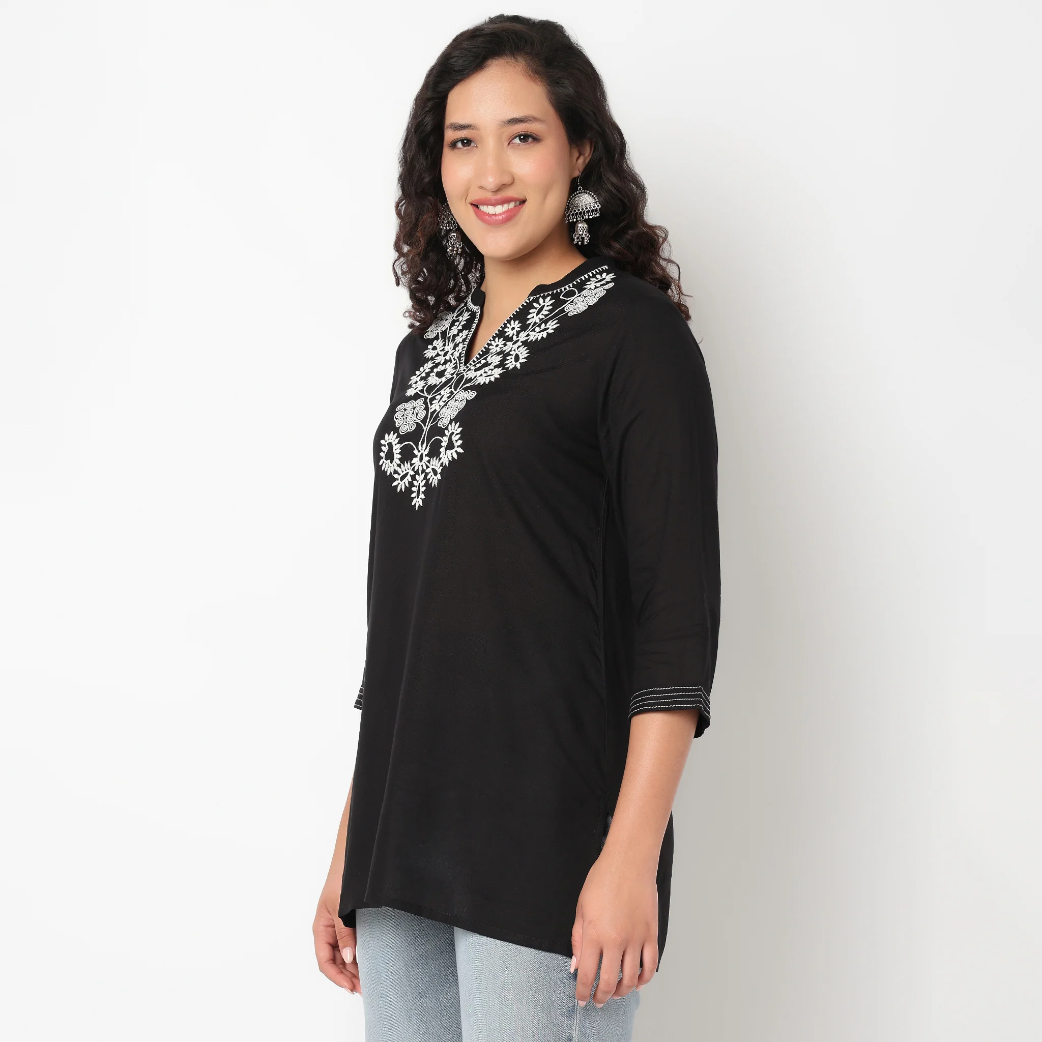 Embroidered V Neck Short Kurti - Image 5