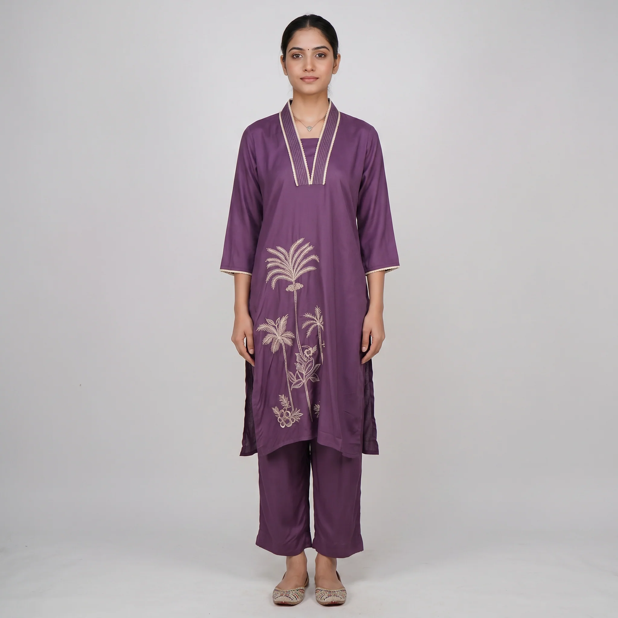 Embroidered V-Neck Straight Kurta