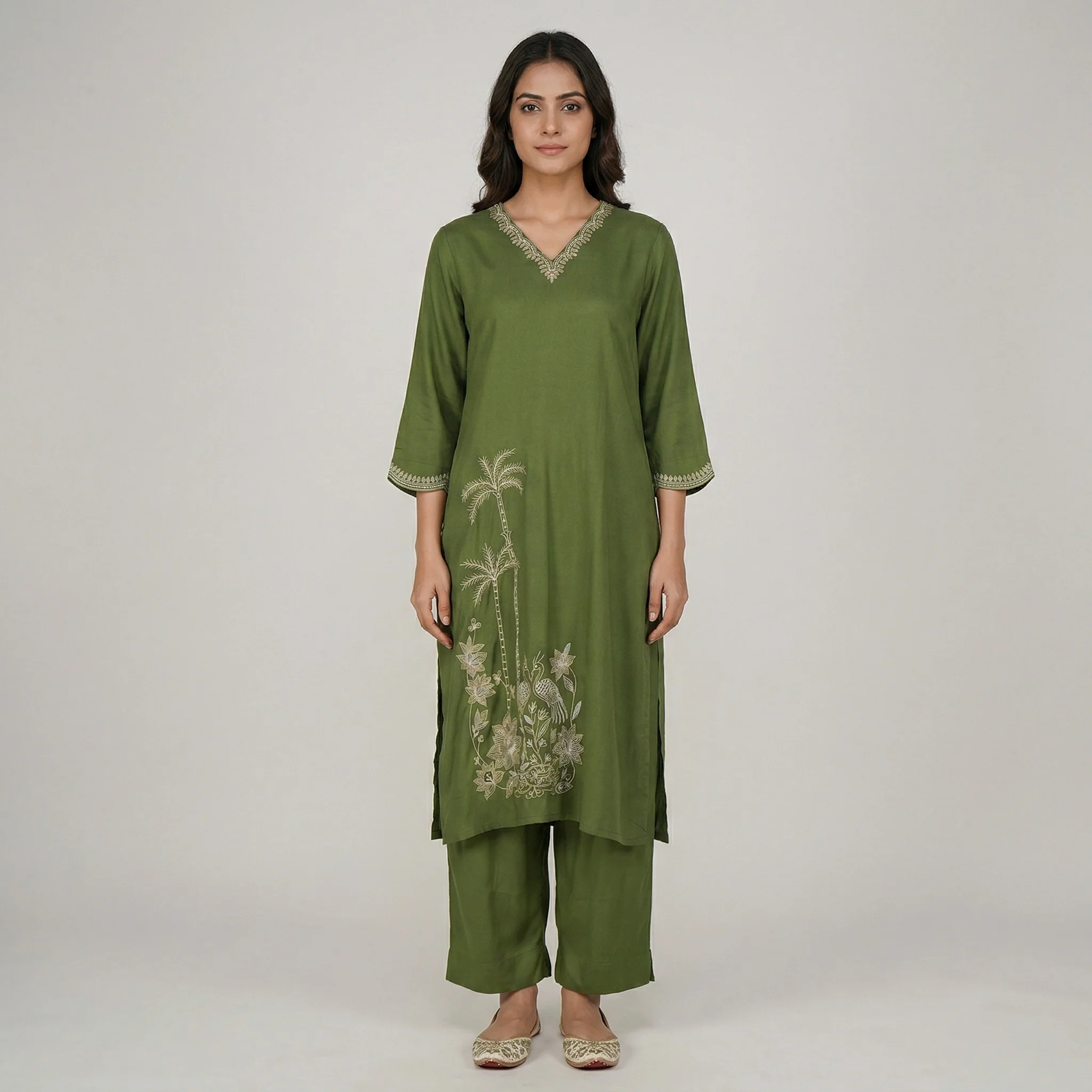 Embroidered V-Neck Straight Kurta