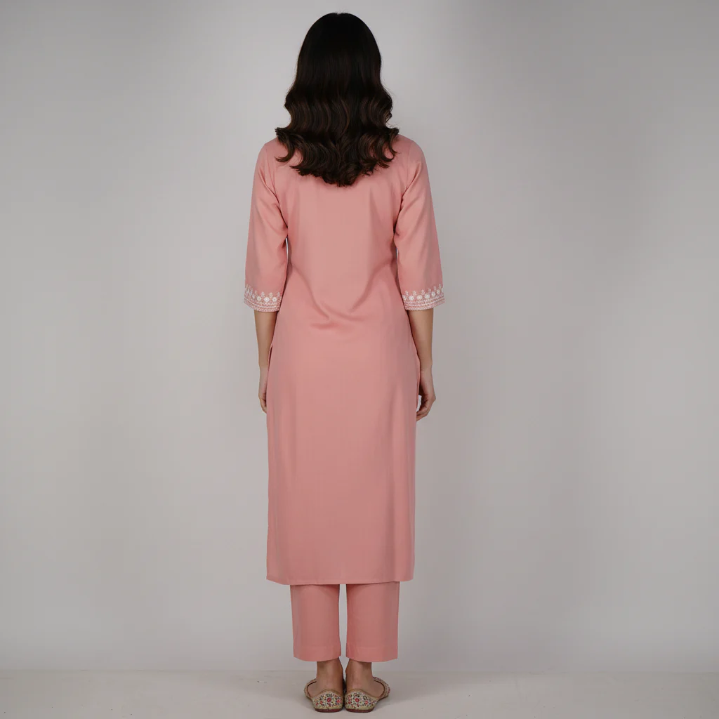 Embroidered V-Neck Straight Kurta - Image 3