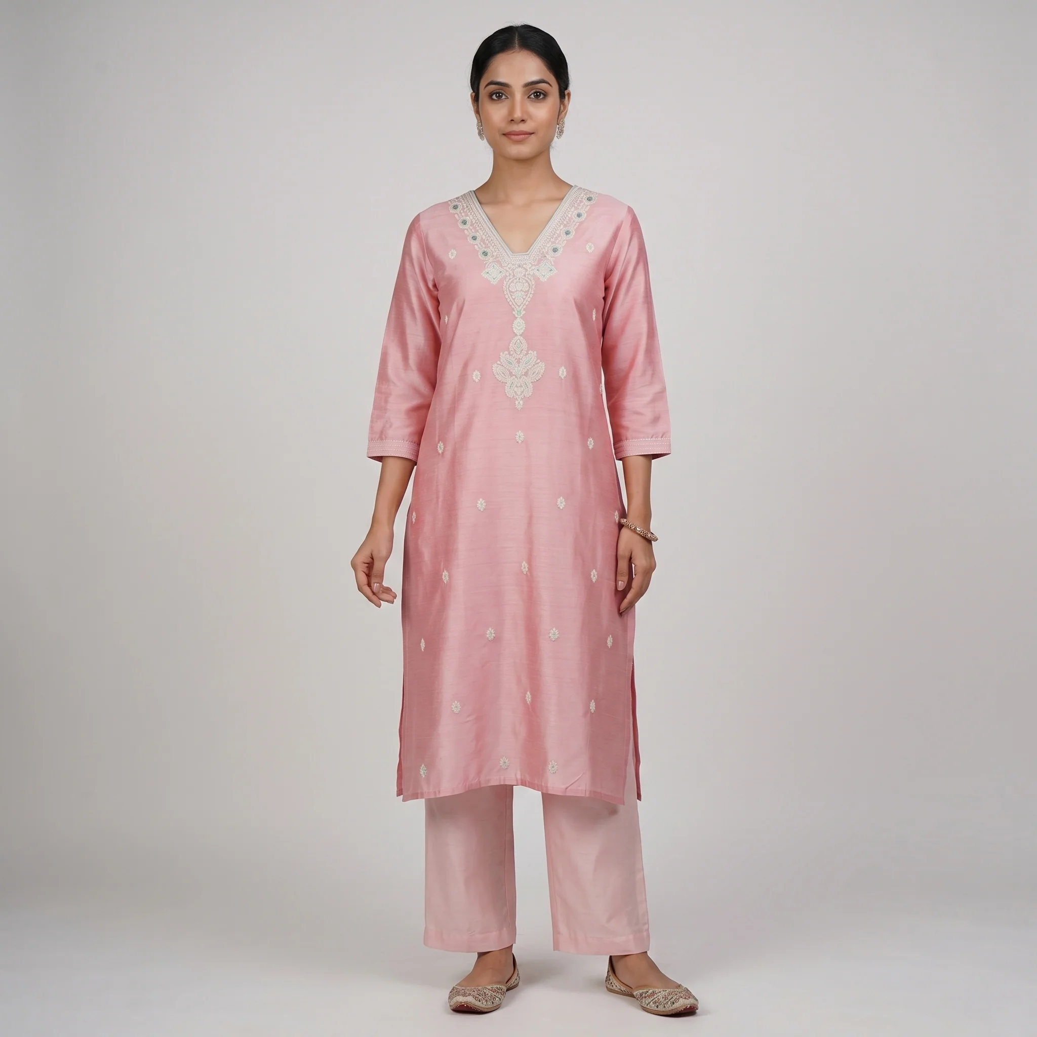 Embroidered V-Neck Straight Kurta